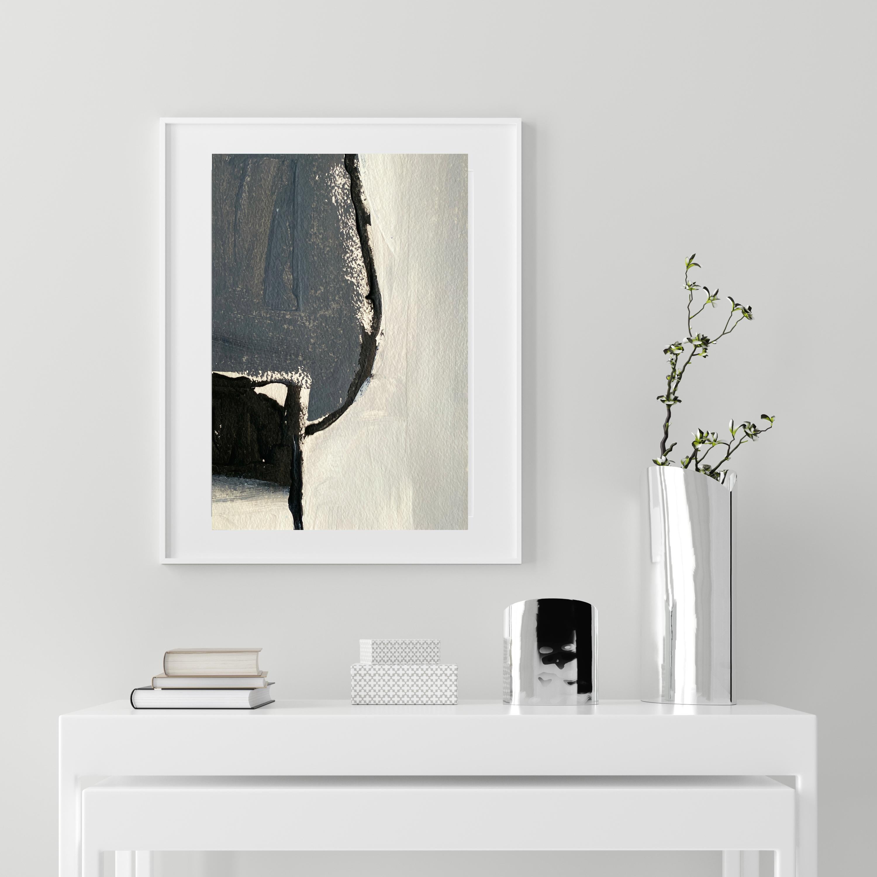 Abstract Grey mid century modern small abstract on paper white mat board - Painting by Kathleen Rhee