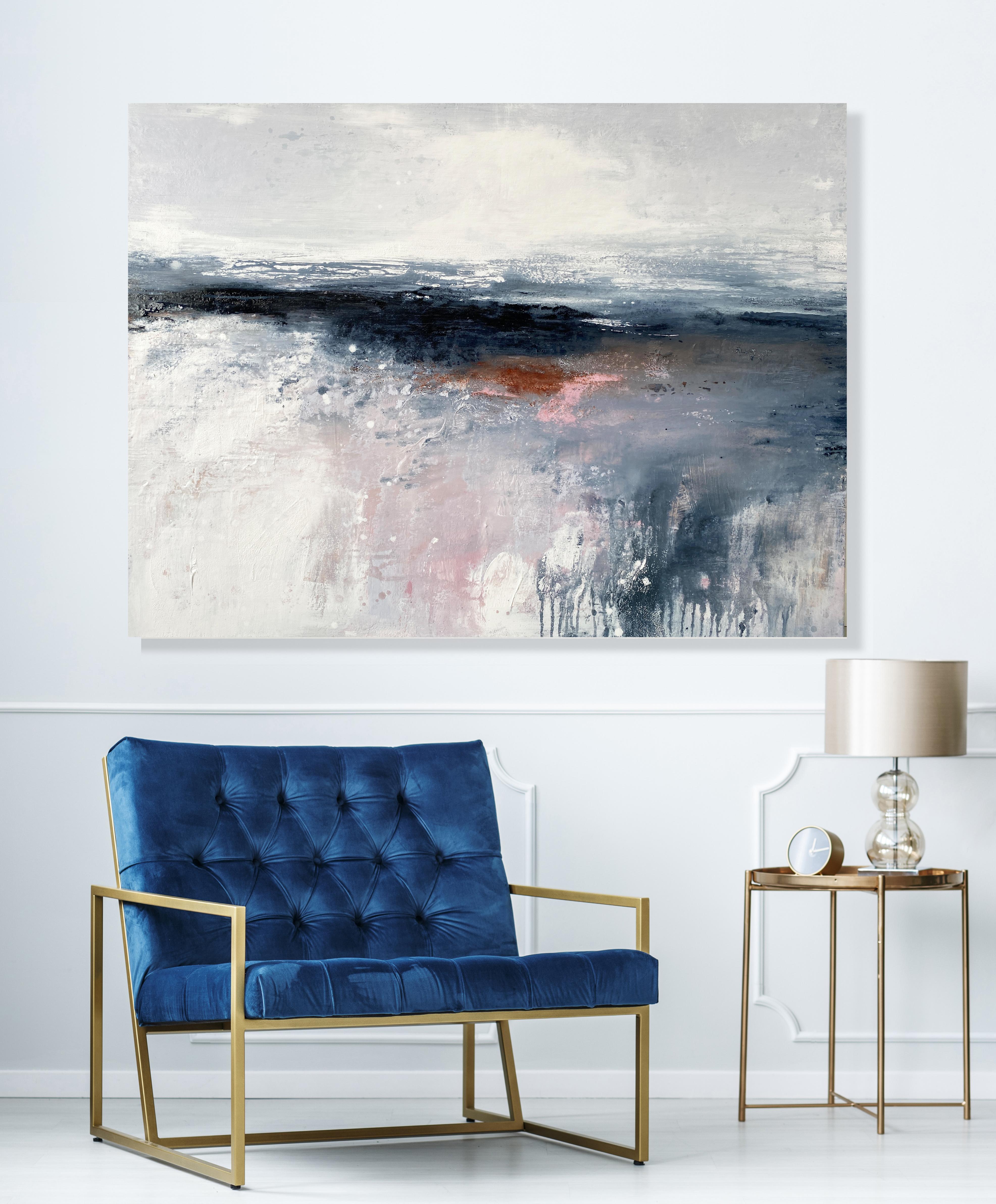 After the Storm abstract expressionist painting coastal decor grey pink white - Painting by Kathleen Rhee