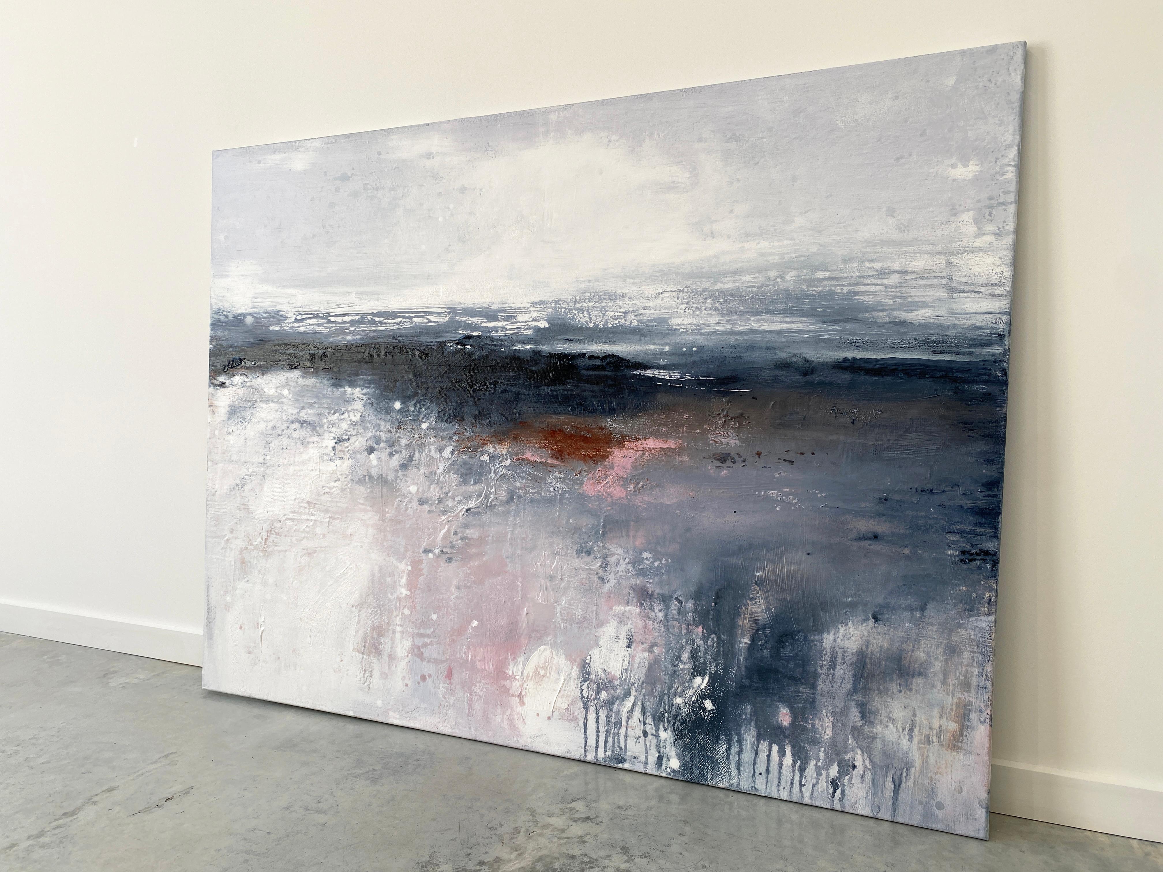 Peinture expressionniste abstraite d'après la tempête décorative côtière gris, rose et blanc en vente 1