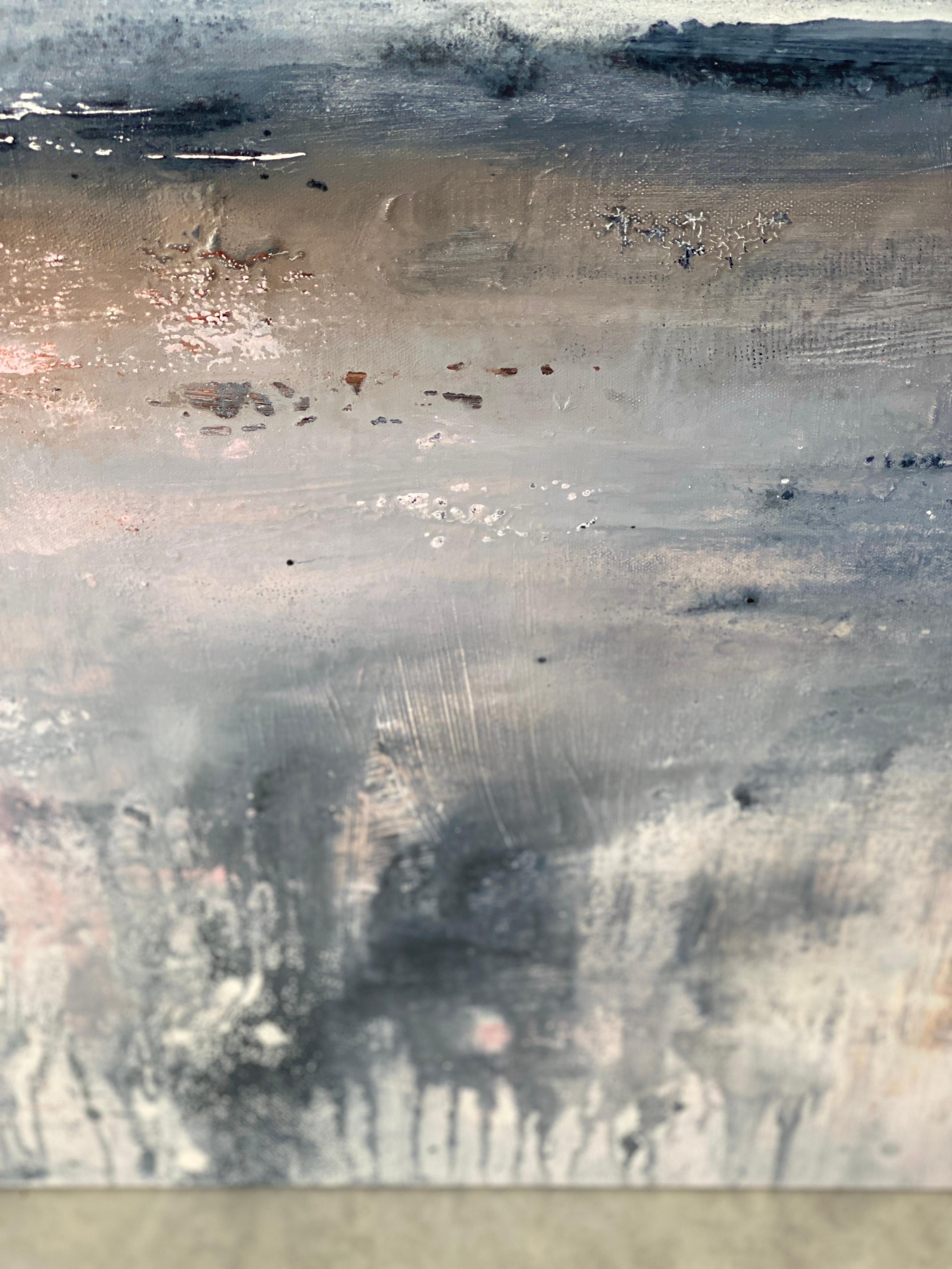 Peinture expressionniste abstraite d'après la tempête décorative côtière gris, rose et blanc en vente 2