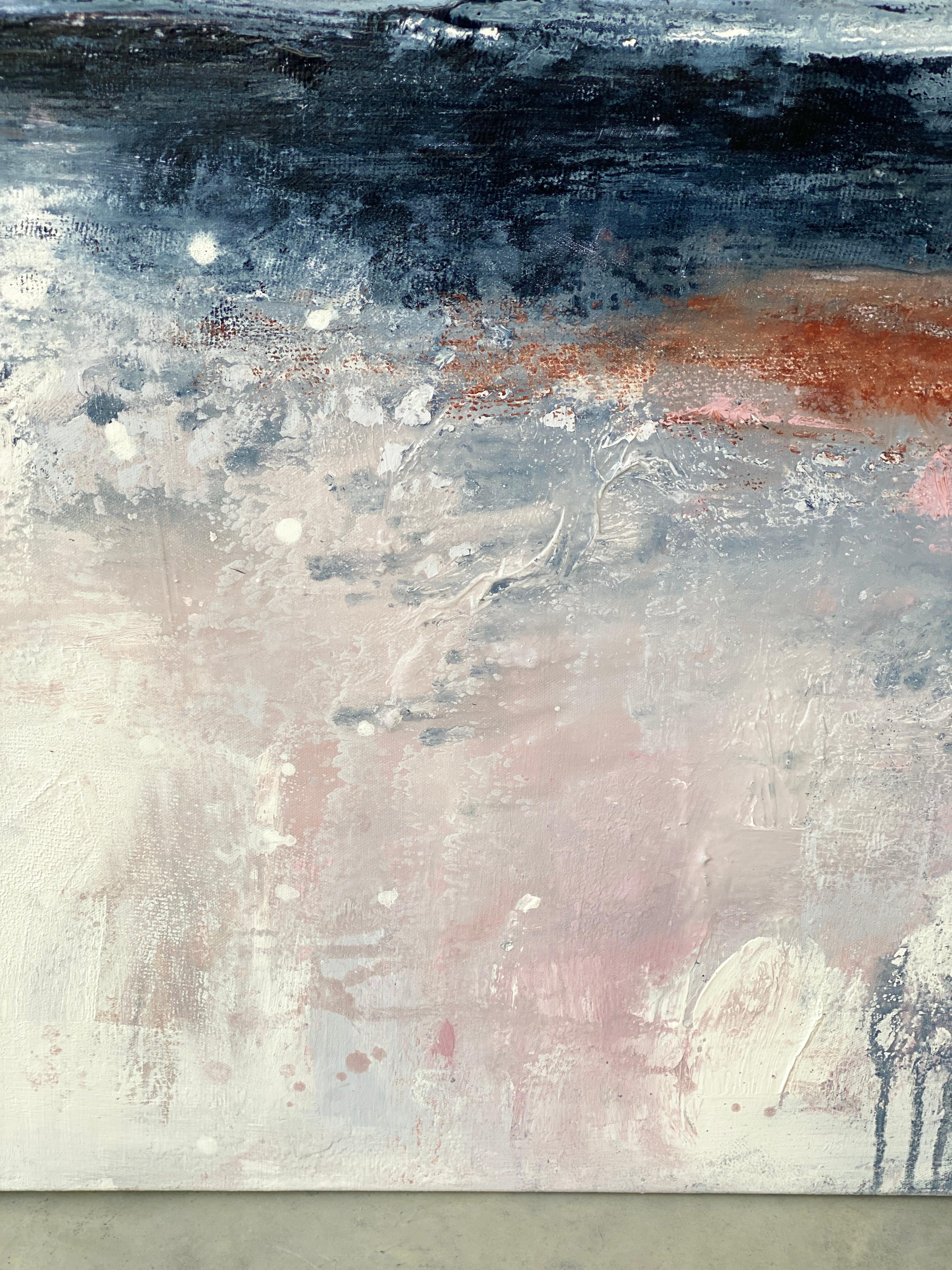 Peinture expressionniste abstraite d'après la tempête décorative côtière gris, rose et blanc en vente 3