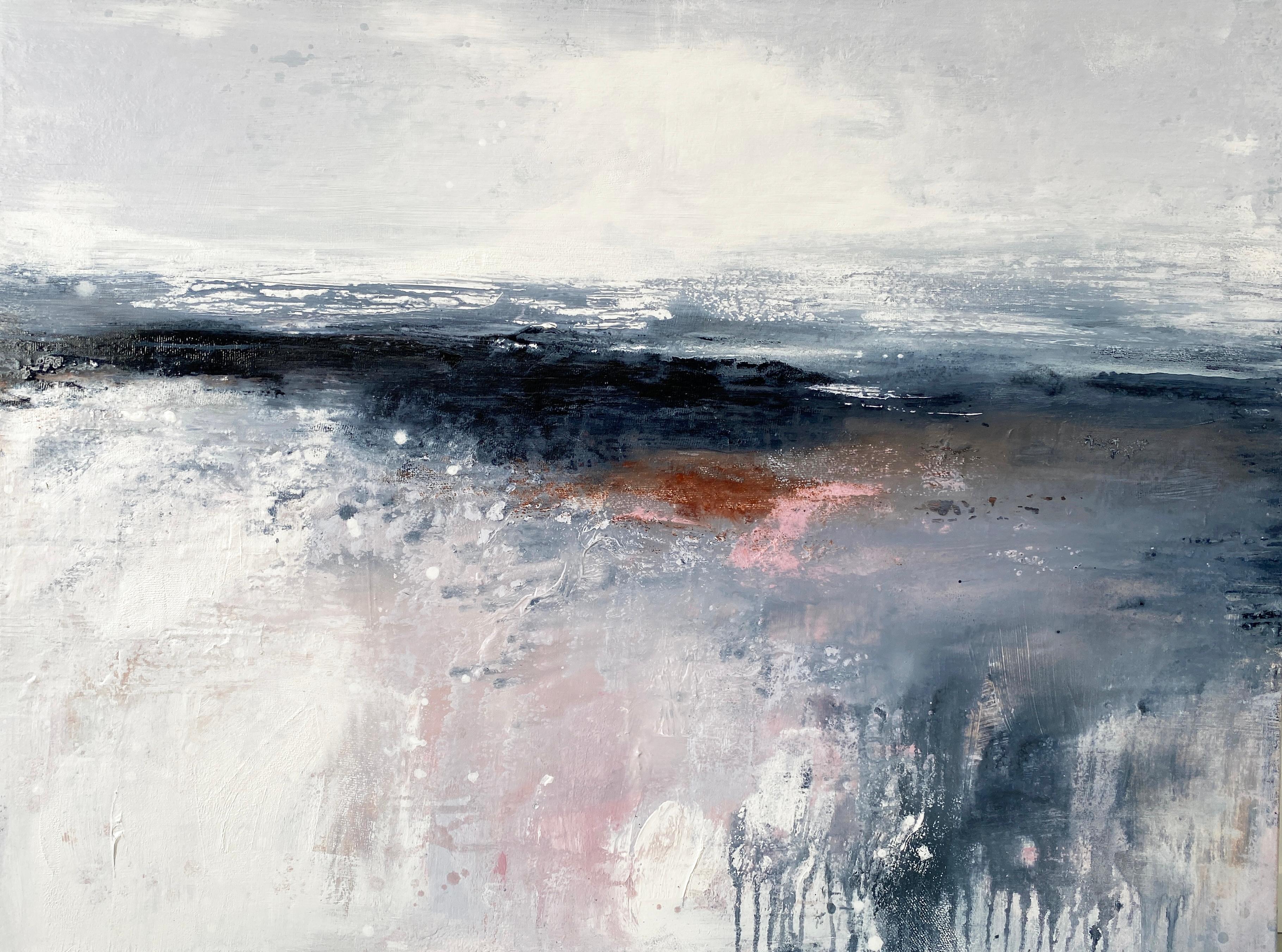 Abstract Painting Kathleen Rhee - Peinture expressionniste abstraite d'après la tempête décorative côtière gris, rose et blanc