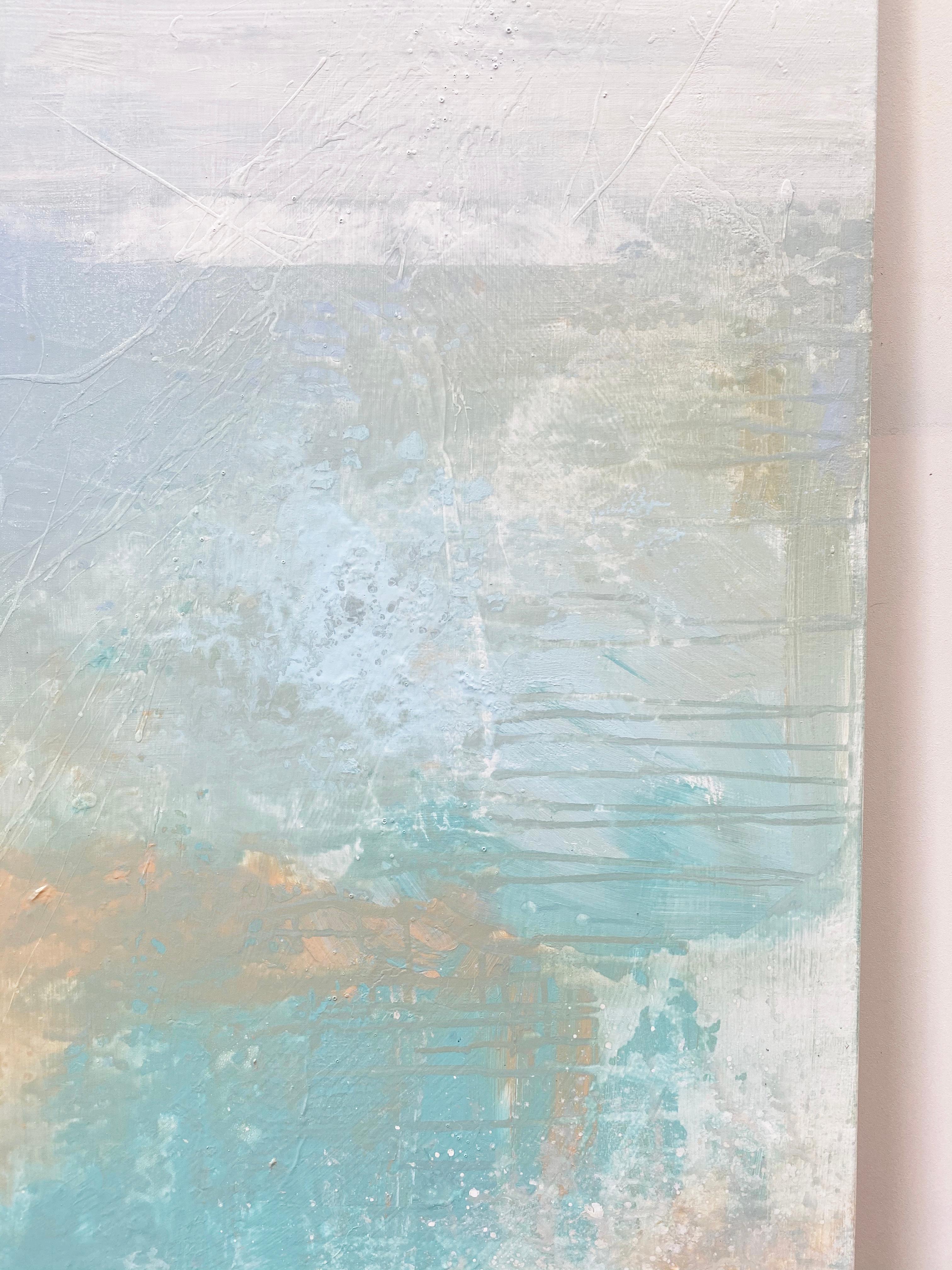 An illuminated abstract expressionist painting to fill your space with light and positive energy. Expressions of thick heavily layered textured paint and spatter in a delicate soft palette reveal bold energy, yet calming and soft at the same time.