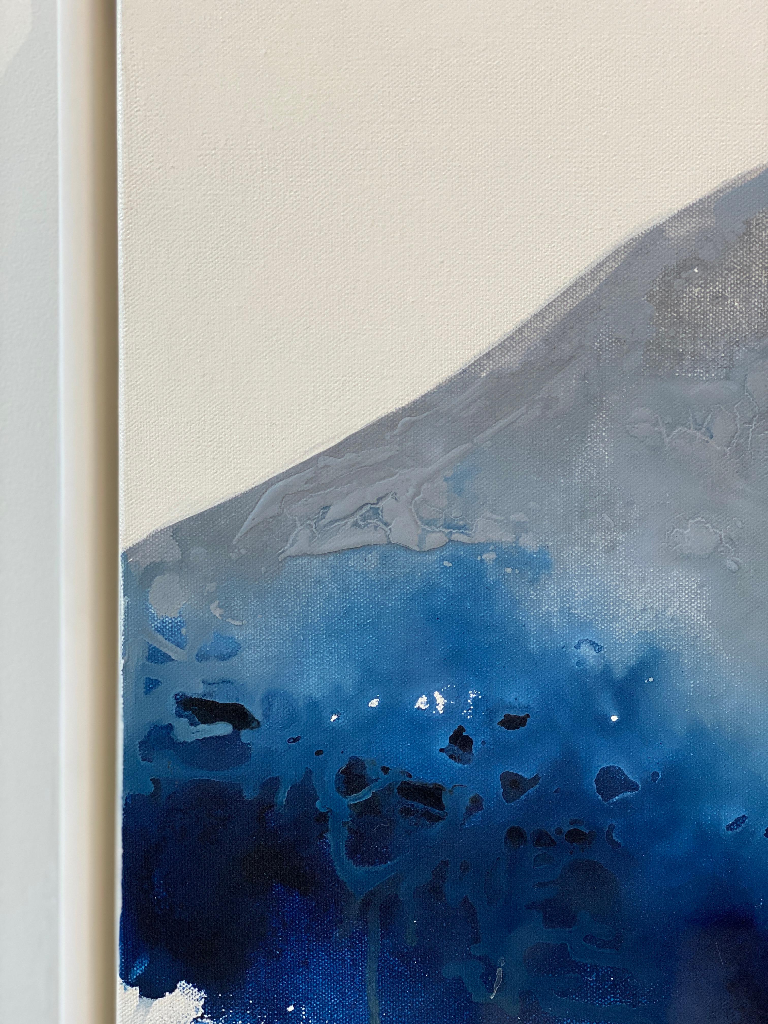 Aqua grey Hills Mountain minimalist  landscape blue water lake framed white For Sale 6