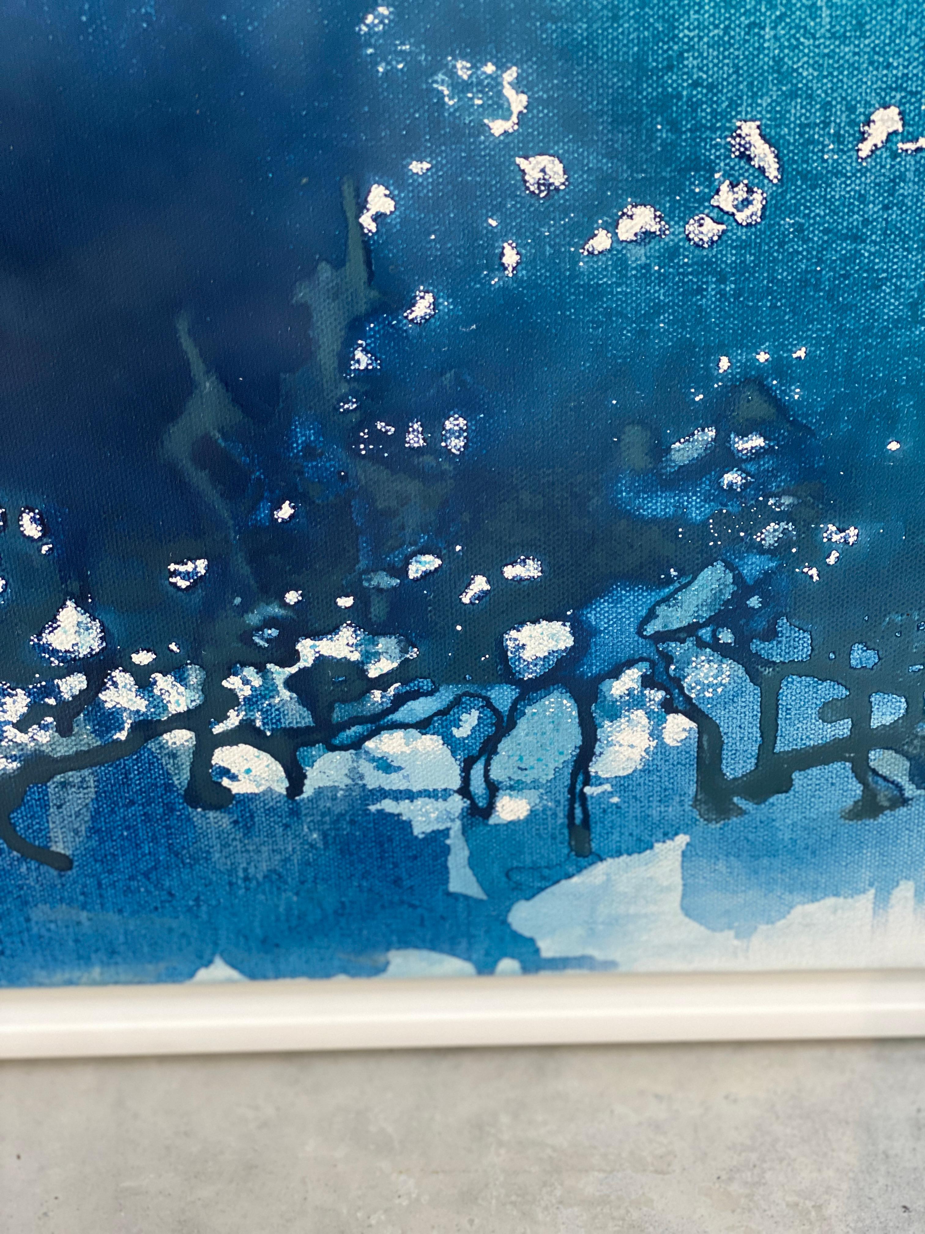 Aqua grey Hills Mountain minimalist  landscape blue water lake framed white For Sale 10