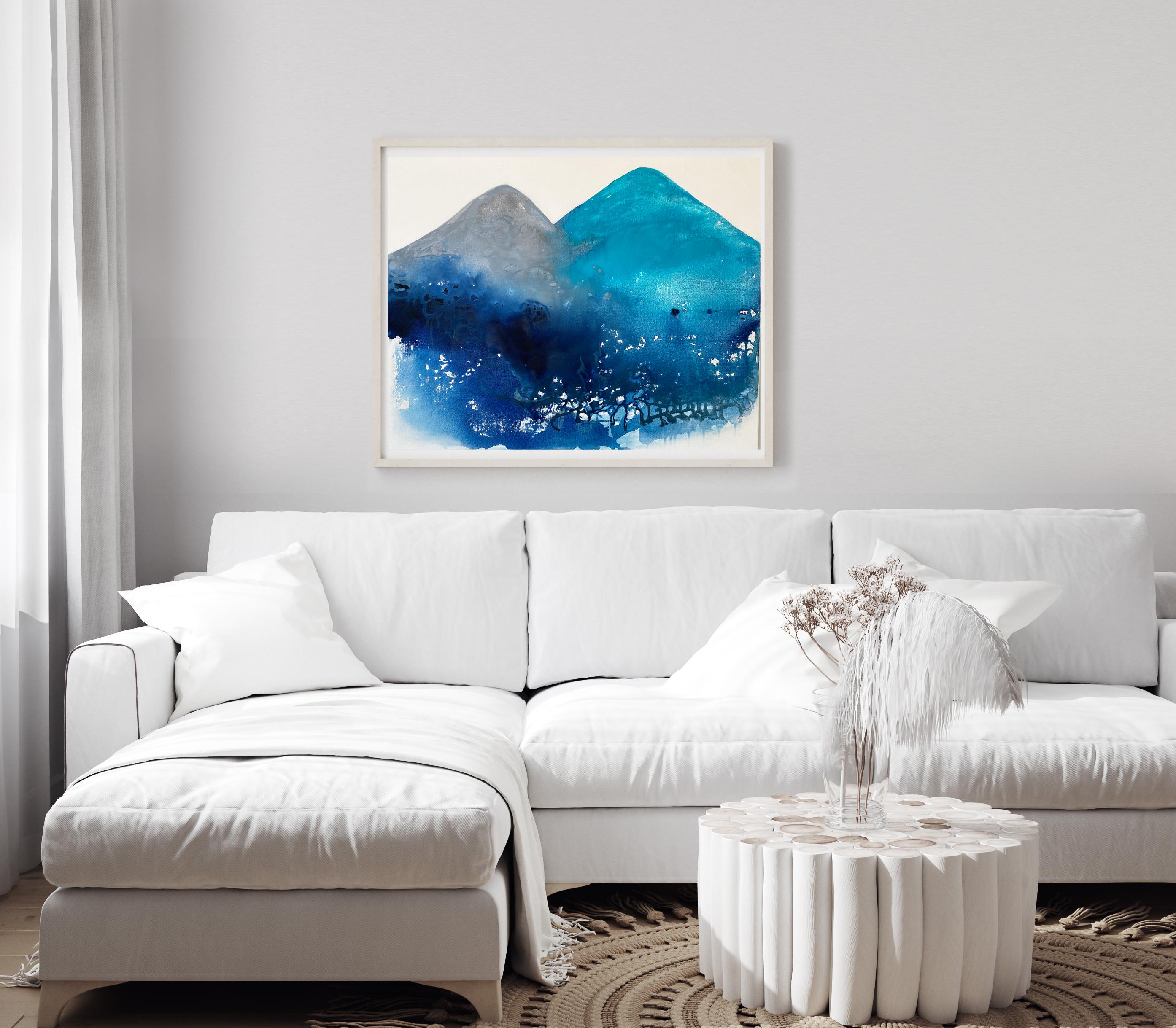Aqua grey Hills Mountain minimalist  landscape blue water lake framed white - Painting by Kathleen Rhee