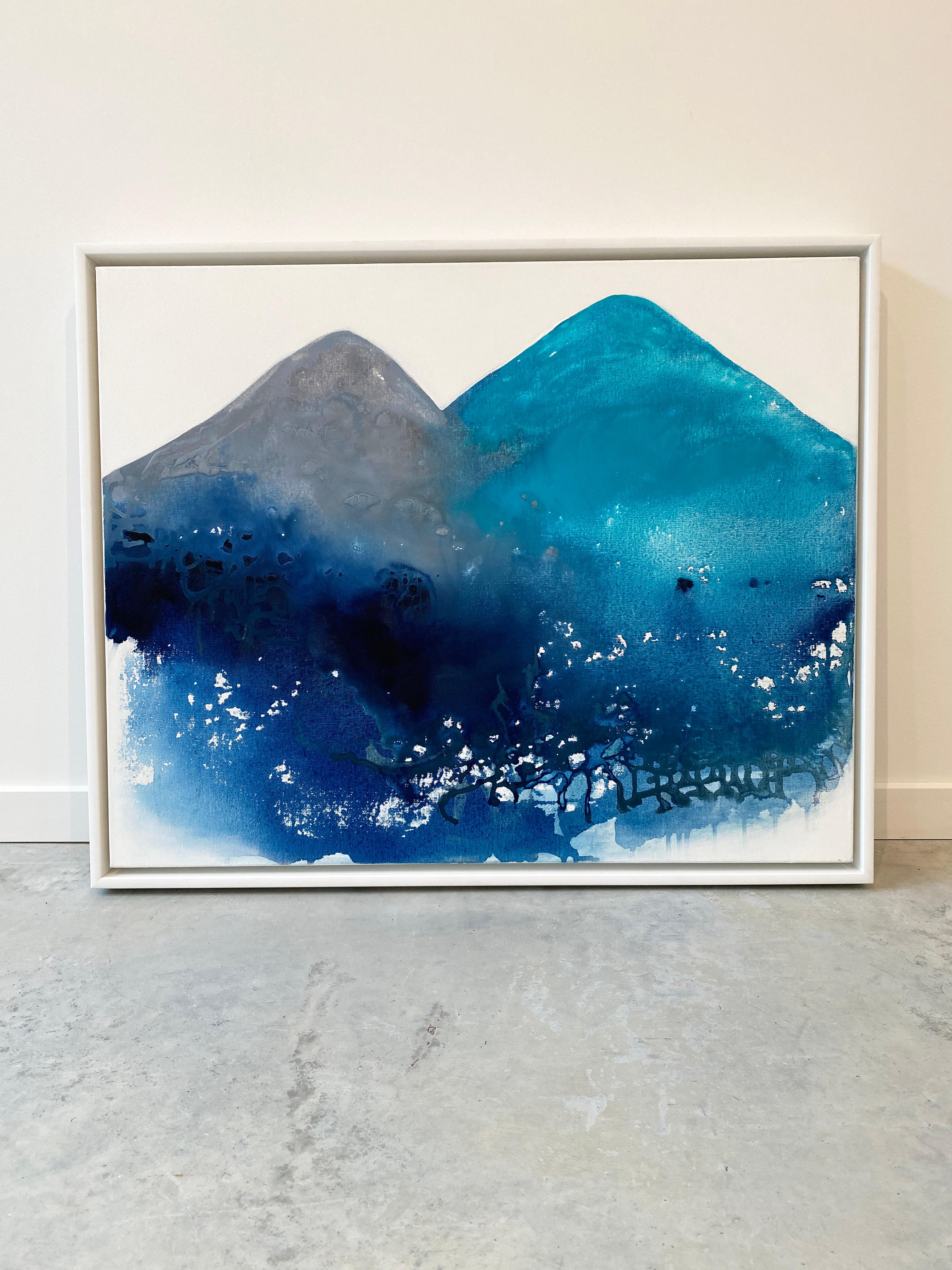 Aqua grey Hills Mountain minimalist  landscape blue water lake framed white - Abstract Expressionist Painting by Kathleen Rhee
