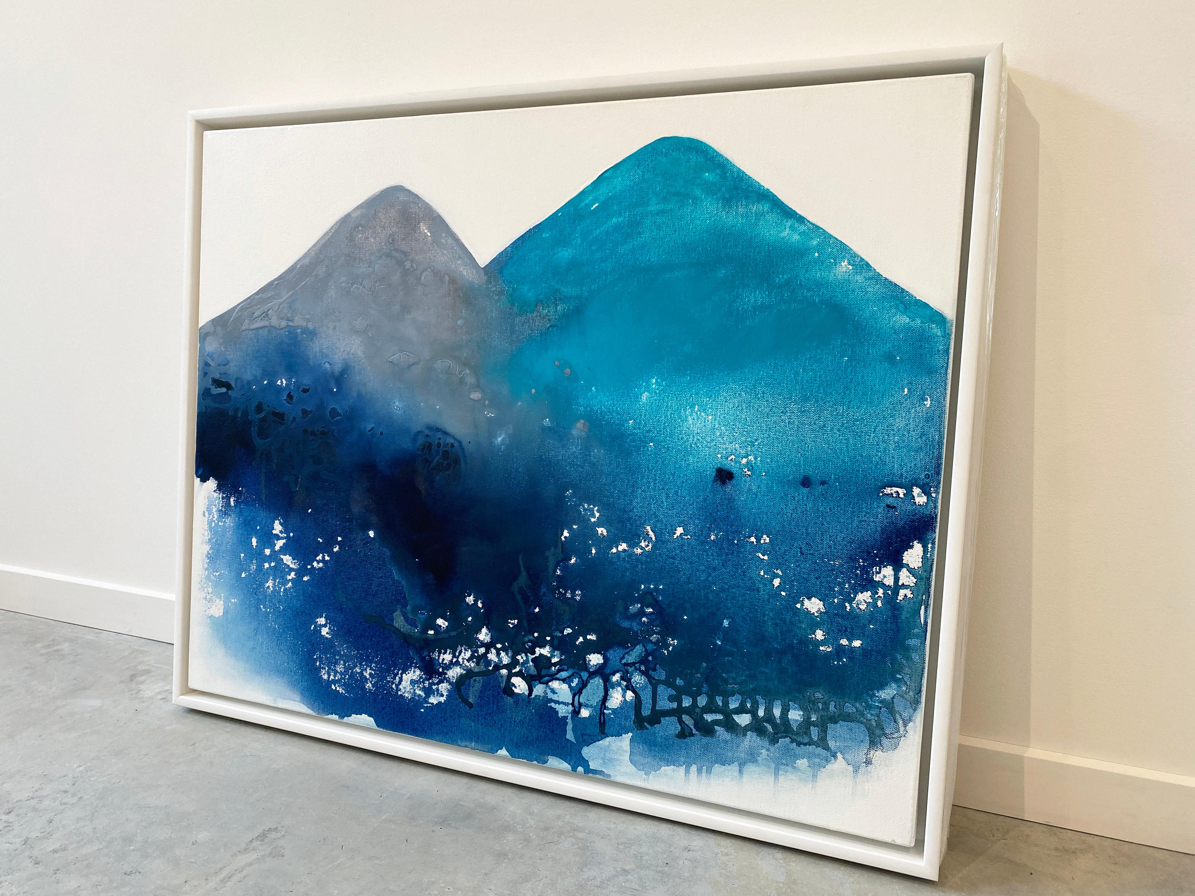 Aqua grey Hills Mountain minimalist  landscape blue water lake framed white For Sale 1