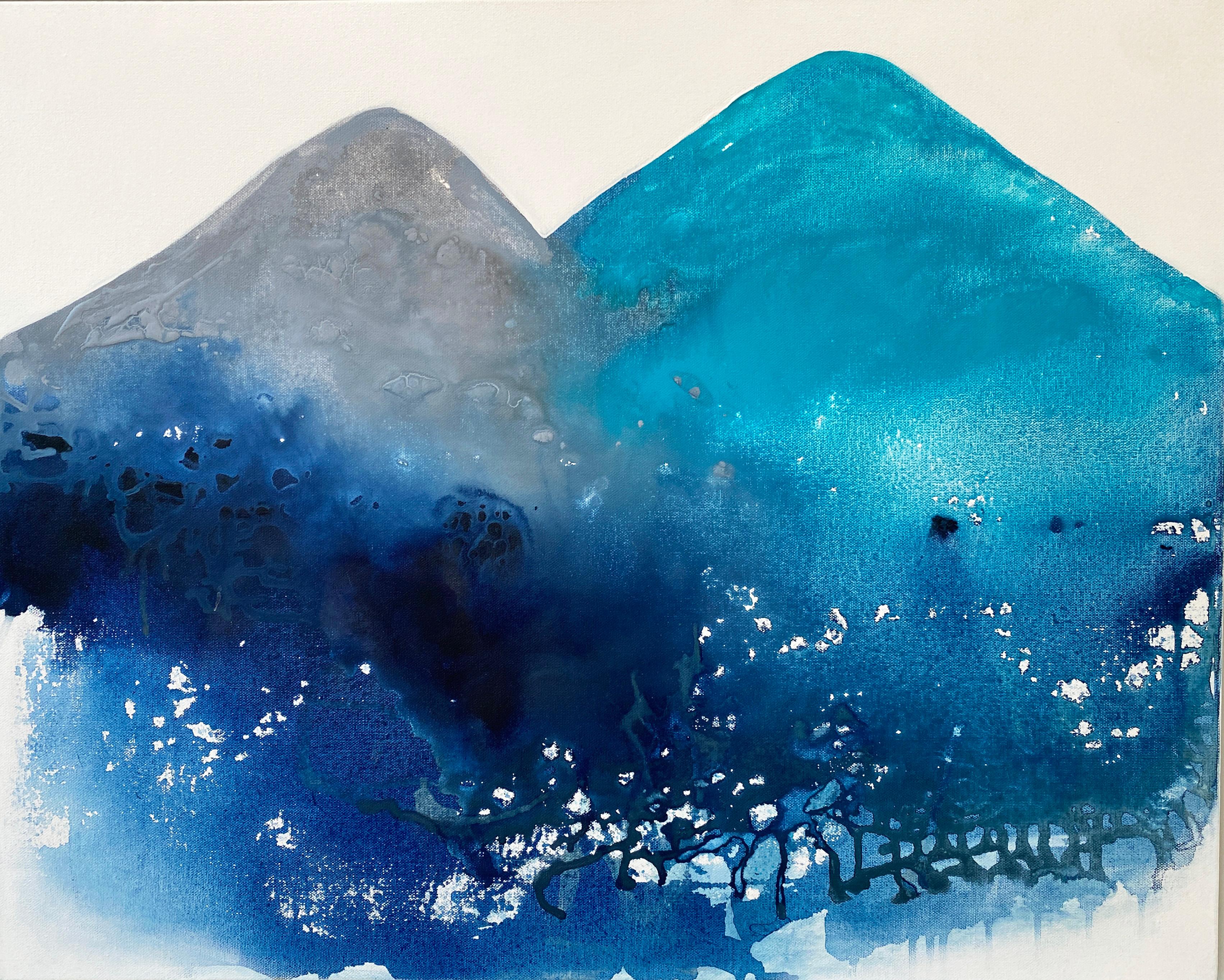 Kathleen Rhee Landscape Painting - Aqua grey Hills Mountain minimalist  landscape blue water lake framed white