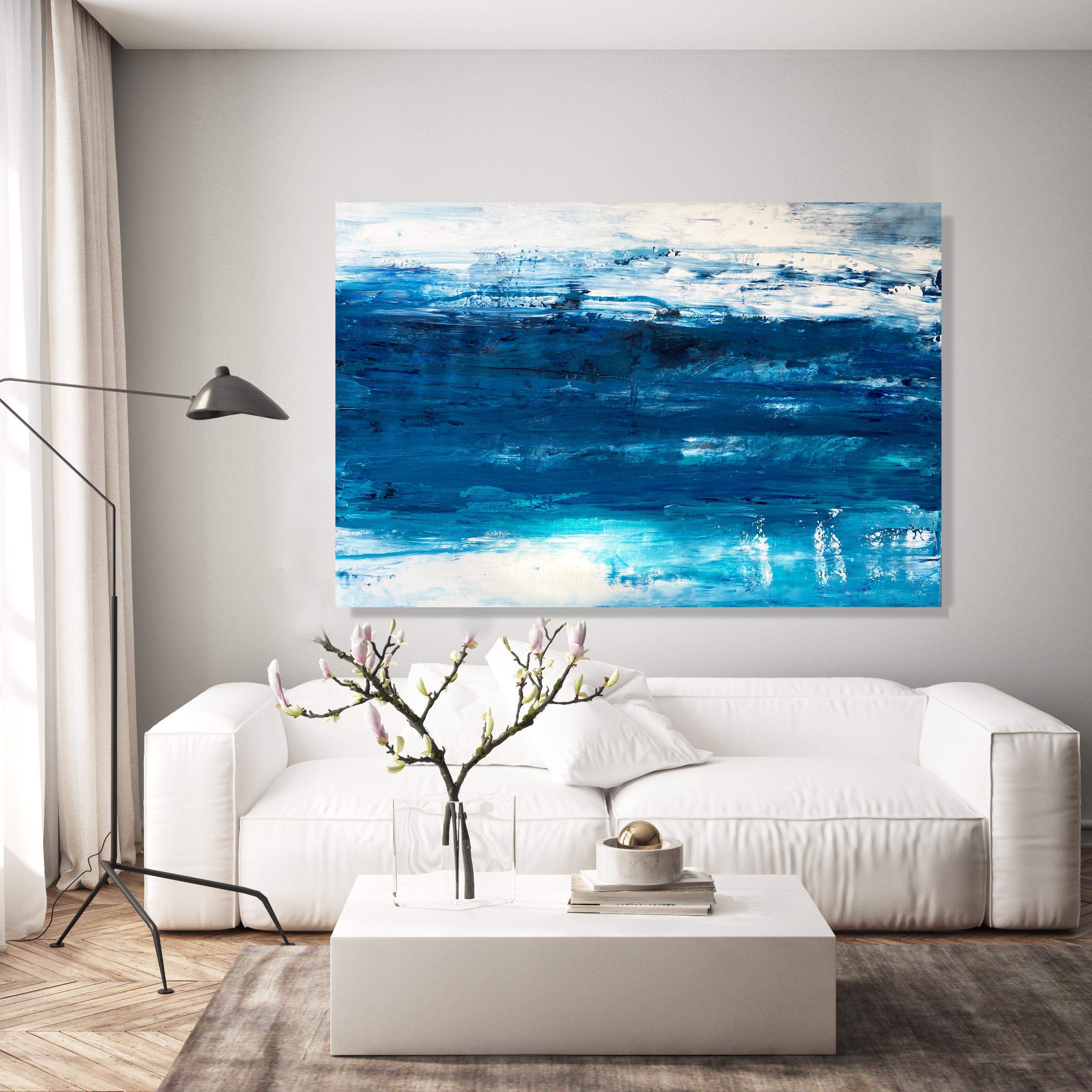 Large scale abstract impressionist ocean waters painting aqua blue coastal  - Painting by Kathleen Rhee