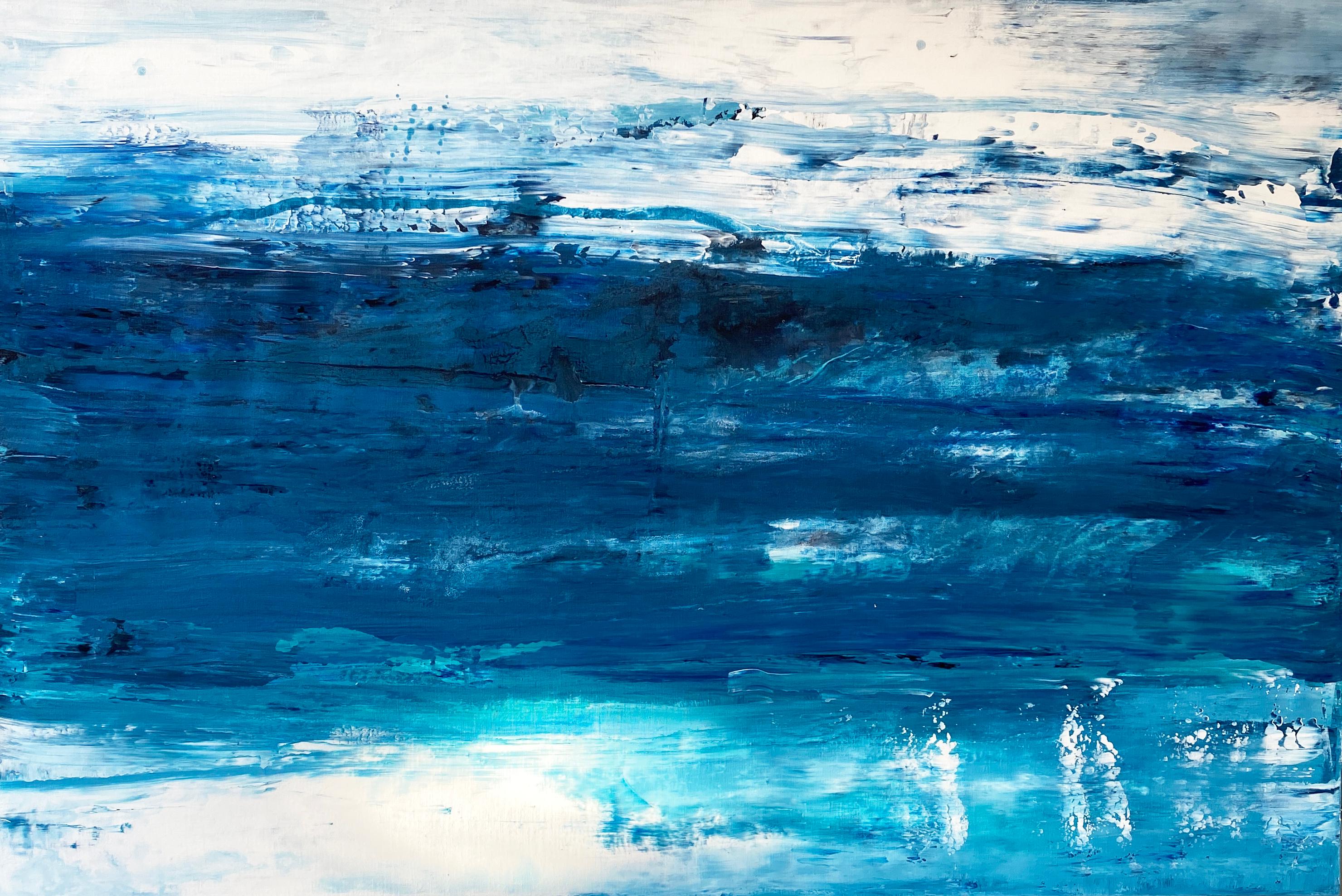 Kathleen Rhee Abstract Painting - Large scale abstract impressionist ocean waters painting aqua blue coastal 