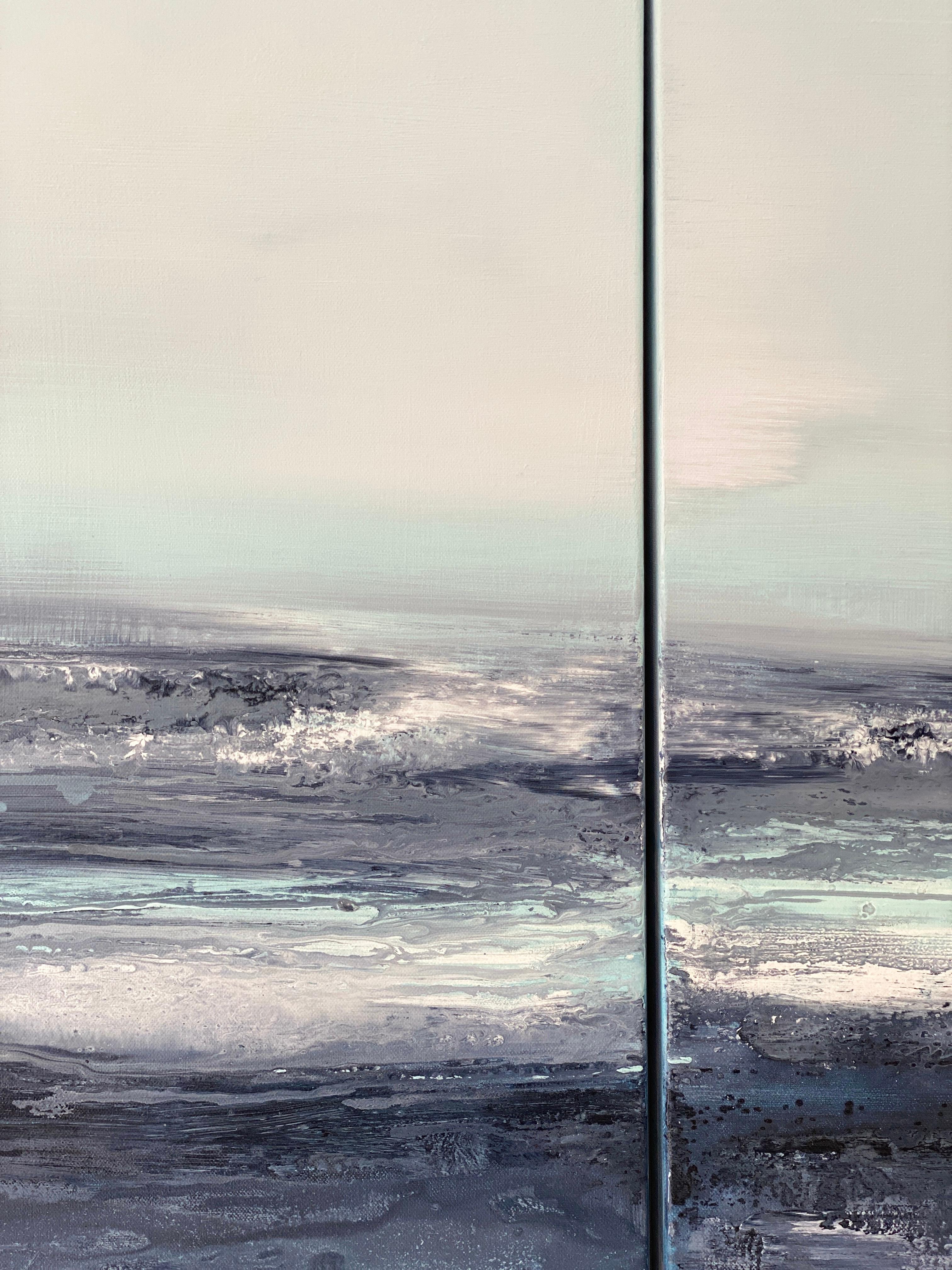 Aqua Waters at Night - Peinture expressionniste abstraite à grande échelle à double panneau en vente 7