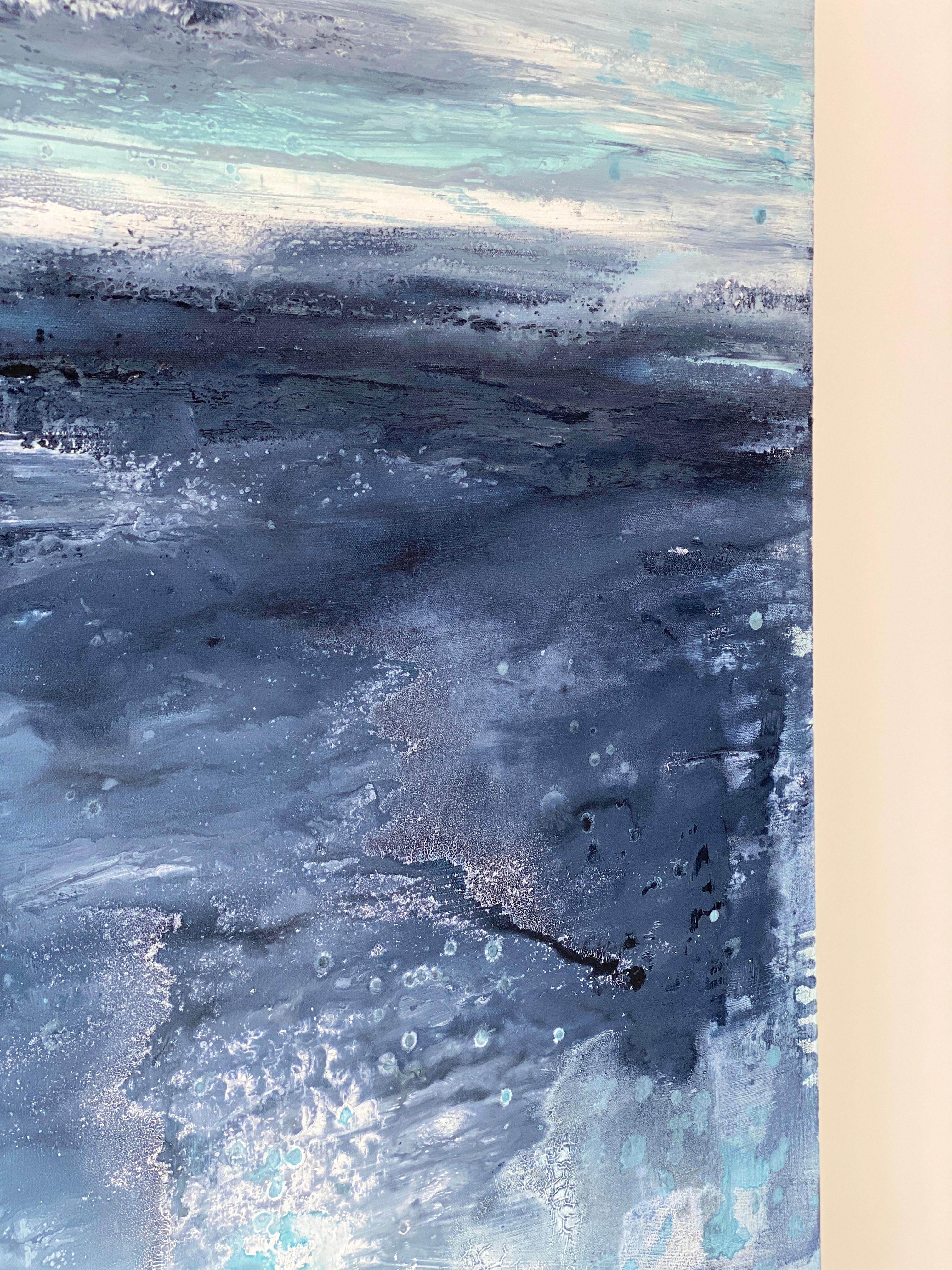 Aqua Waters at Night - Peinture expressionniste abstraite à grande échelle à double panneau en vente 11
