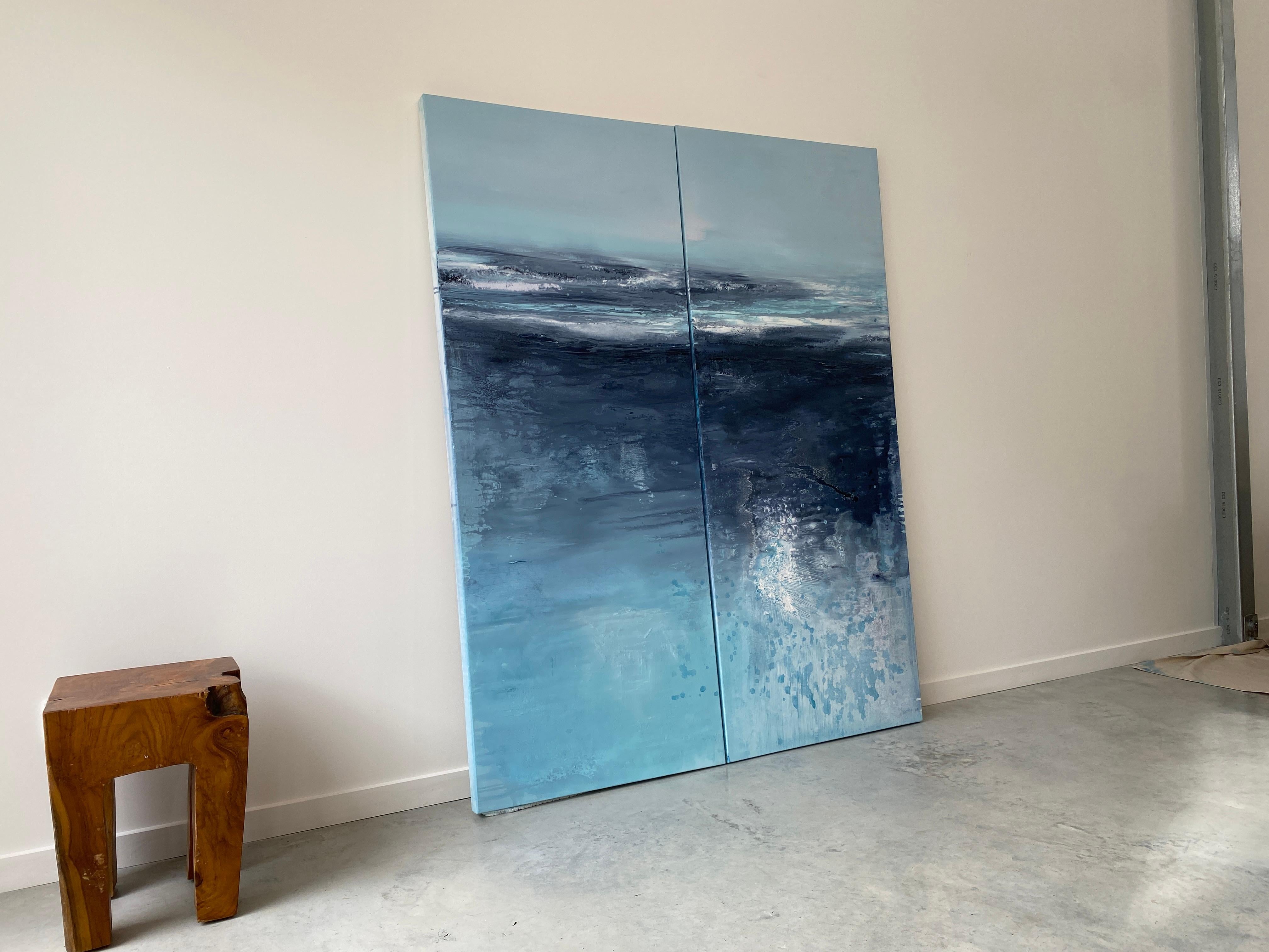 Aqua Waters at Night - Peinture expressionniste abstraite à grande échelle à double panneau en vente 12