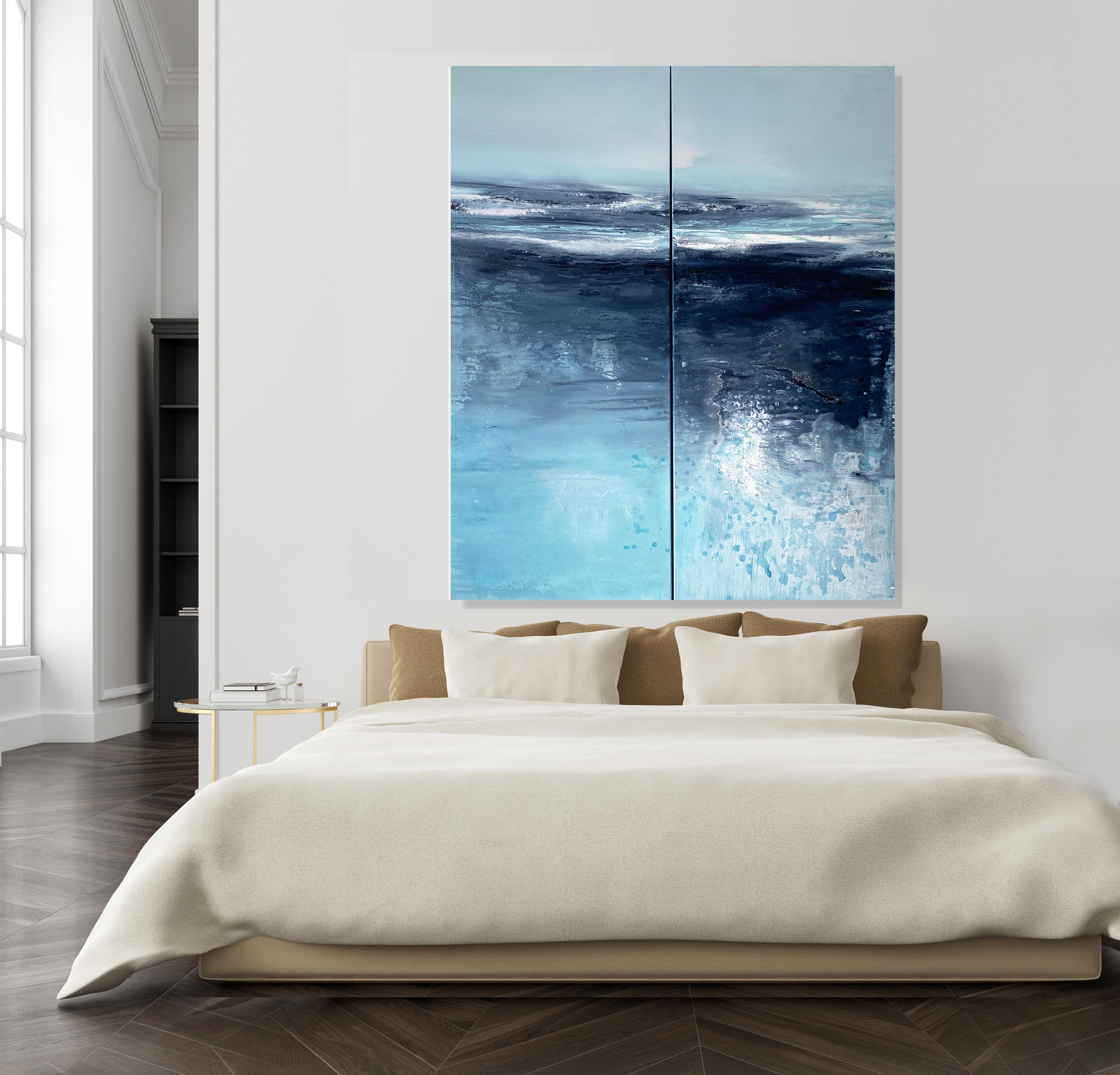 Aqua Waters at Night - Peinture expressionniste abstraite à grande échelle à double panneau en vente 13