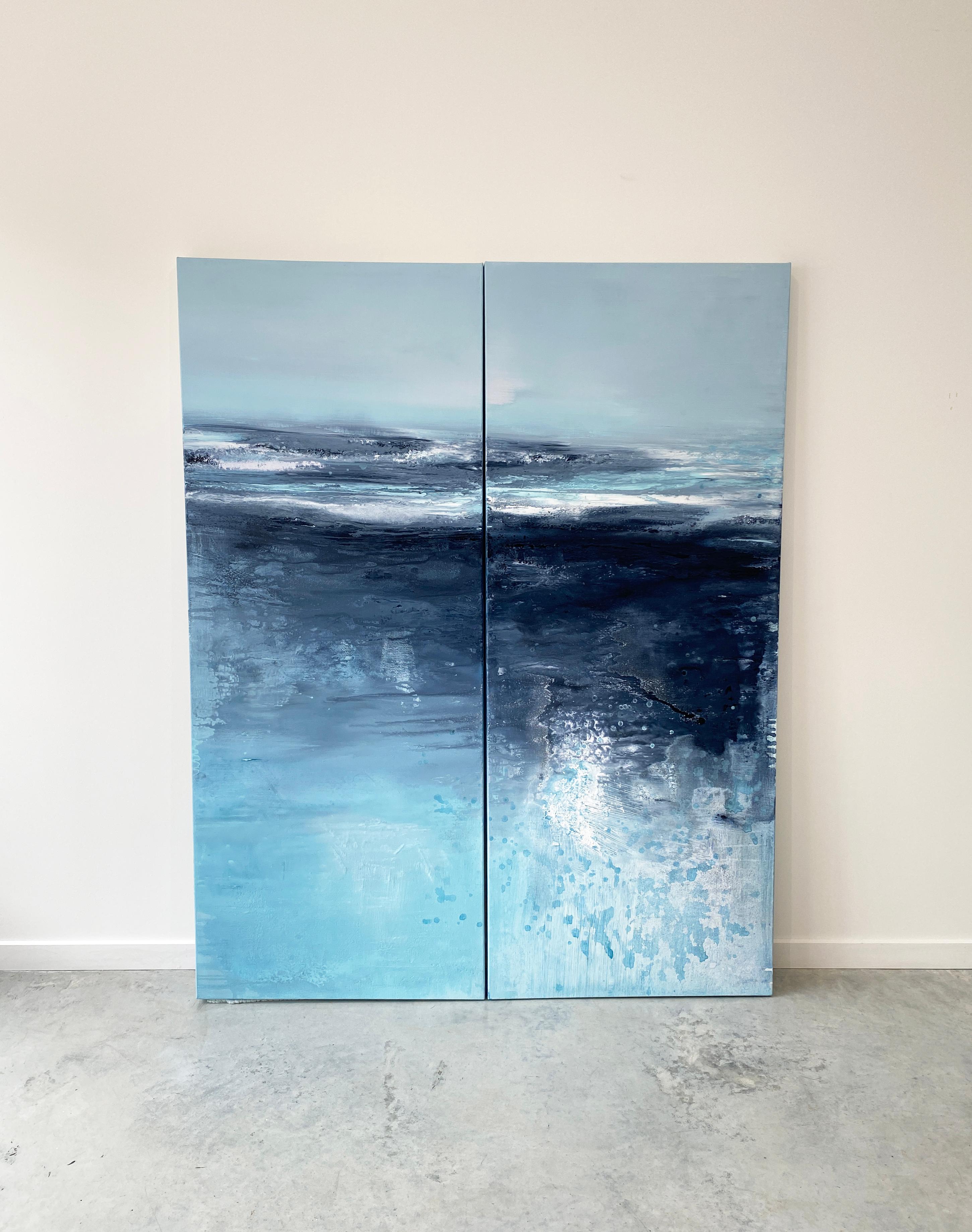 Aqua Waters at Night - Peinture expressionniste abstraite à grande échelle à double panneau - Expressionnisme abstrait Painting par Kathleen Rhee