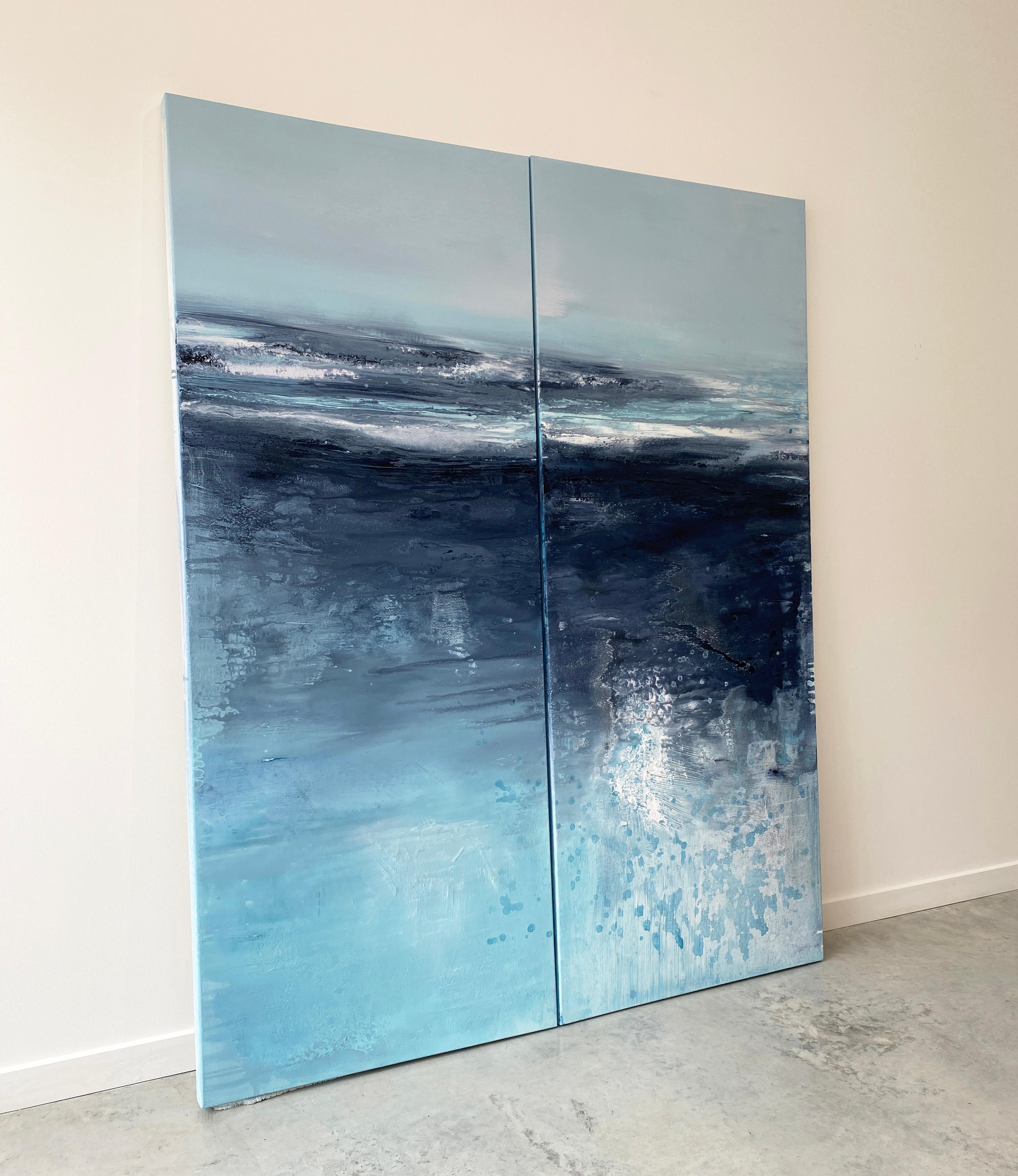 Aqua Waters at Night is an impressive double panel painting from my 'Serene Shorelines Collection'. 
Original large scale painting, with exceptionally calming energy to overwhelm and impress. A double panel work that hangs 122cm wide x 152cm high.