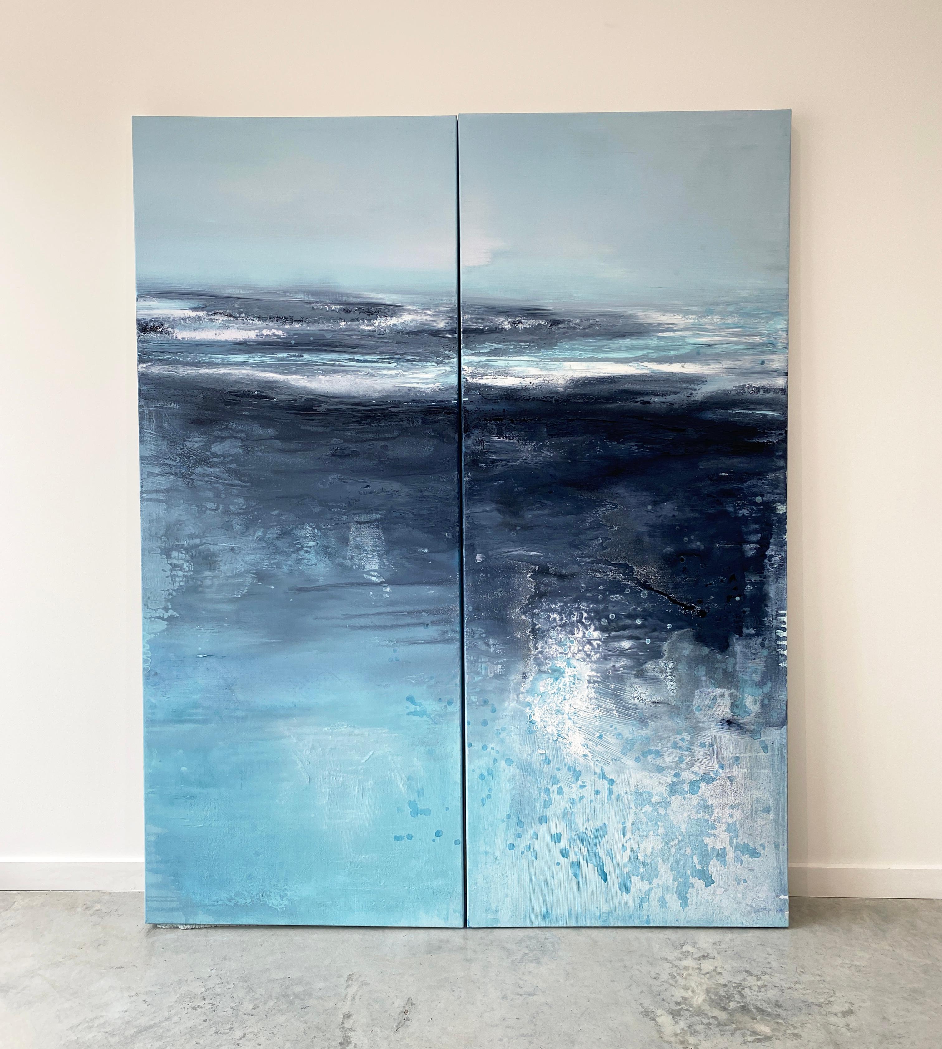 Aqua Waters at Night - Peinture expressionniste abstraite à grande échelle à double panneau en vente 1