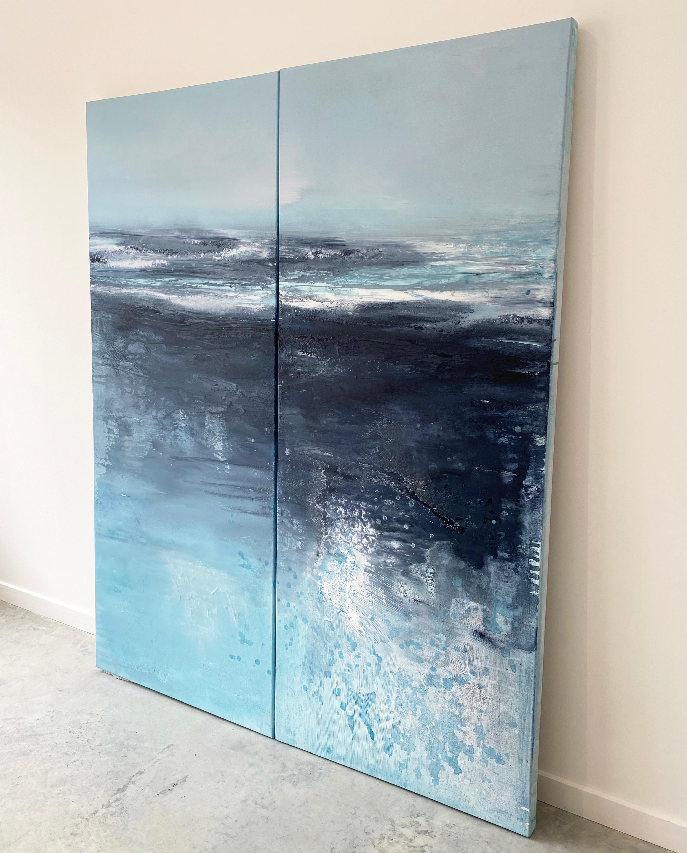 Aqua Waters at Night - Peinture expressionniste abstraite à grande échelle à double panneau en vente 2
