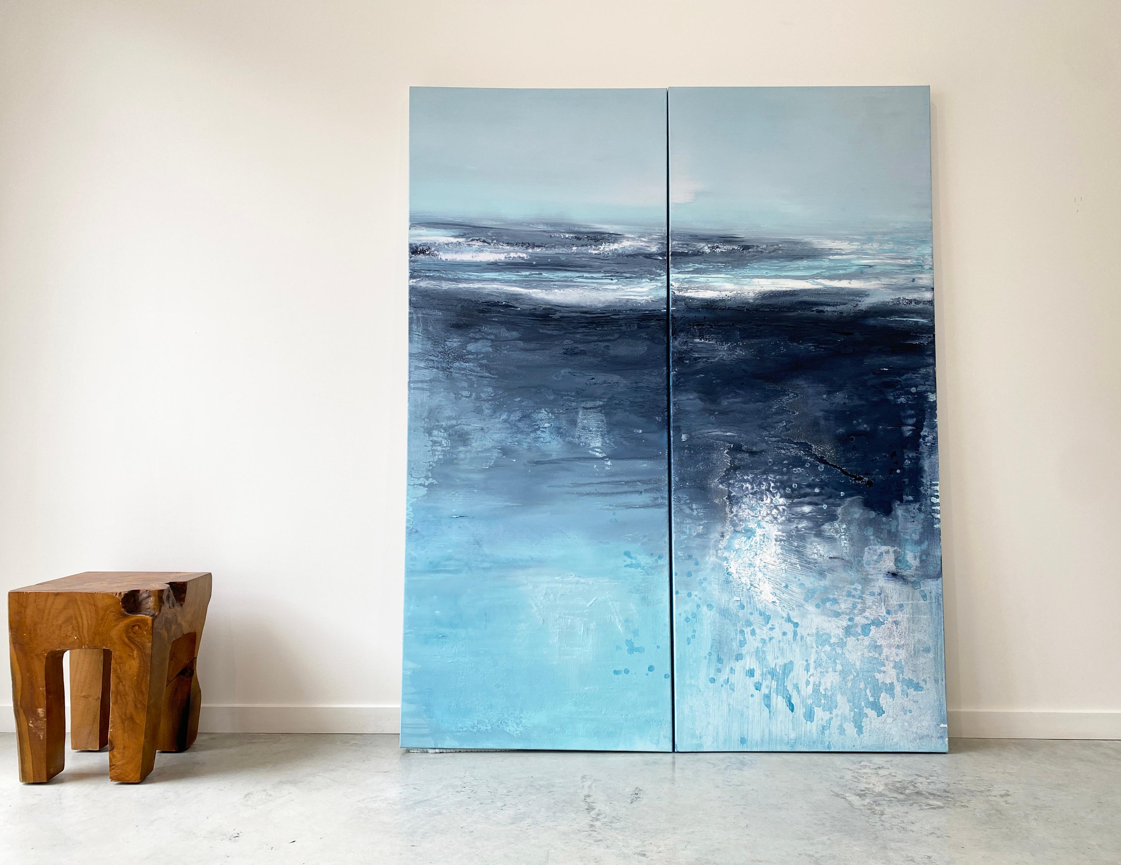 Aqua Waters at Night - Peinture expressionniste abstraite à grande échelle à double panneau en vente 3
