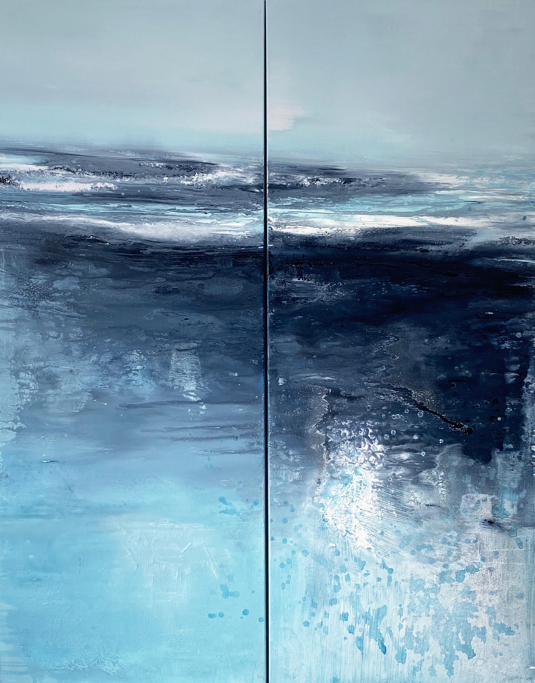 Abstract Painting Kathleen Rhee - Aqua Waters at Night - Peinture expressionniste abstraite à grande échelle à double panneau