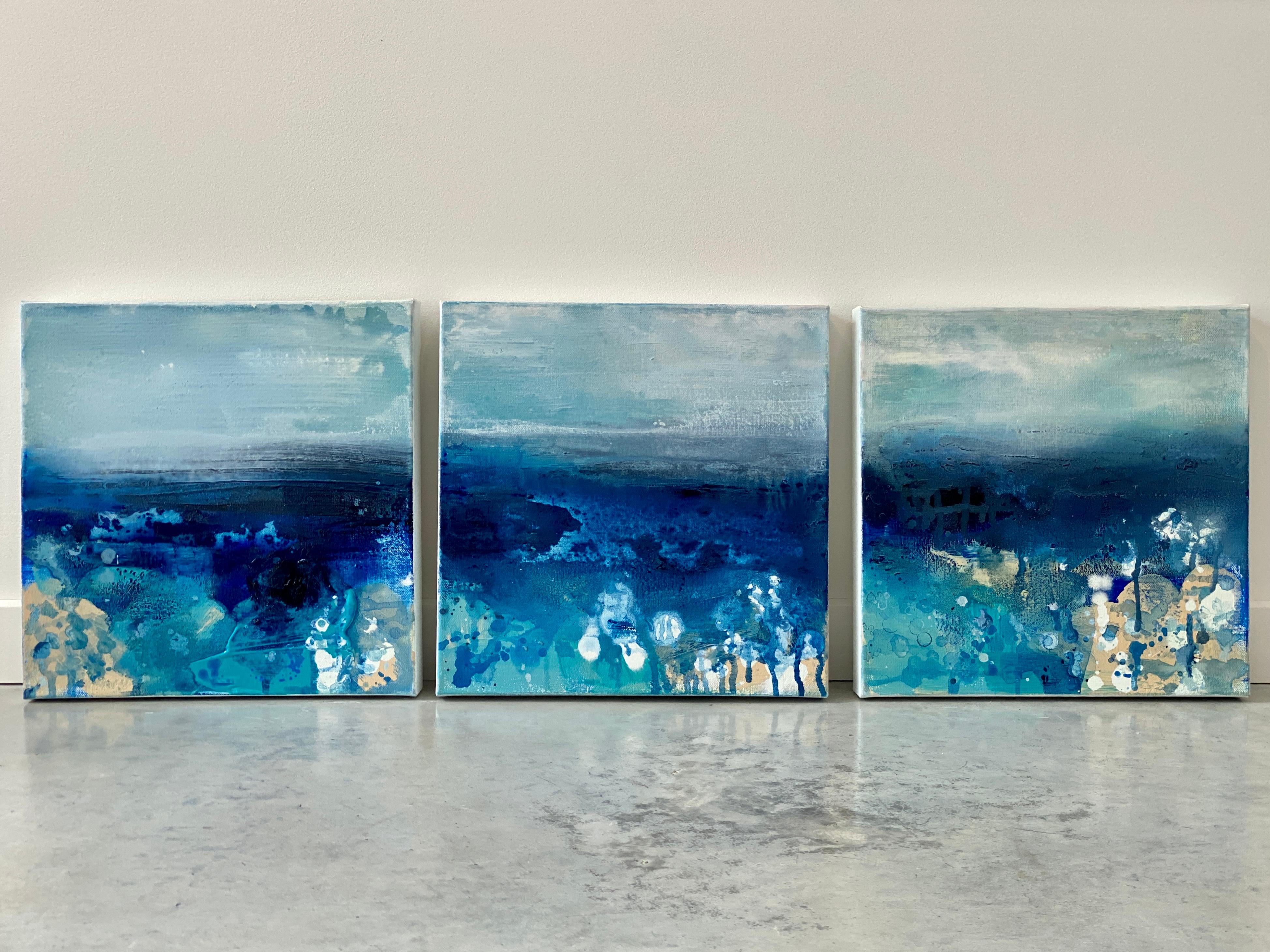 Plage no1  Petite peinture abstraite expressionniste océanique - Aquarelle - Bleu sable de mer en vente 6