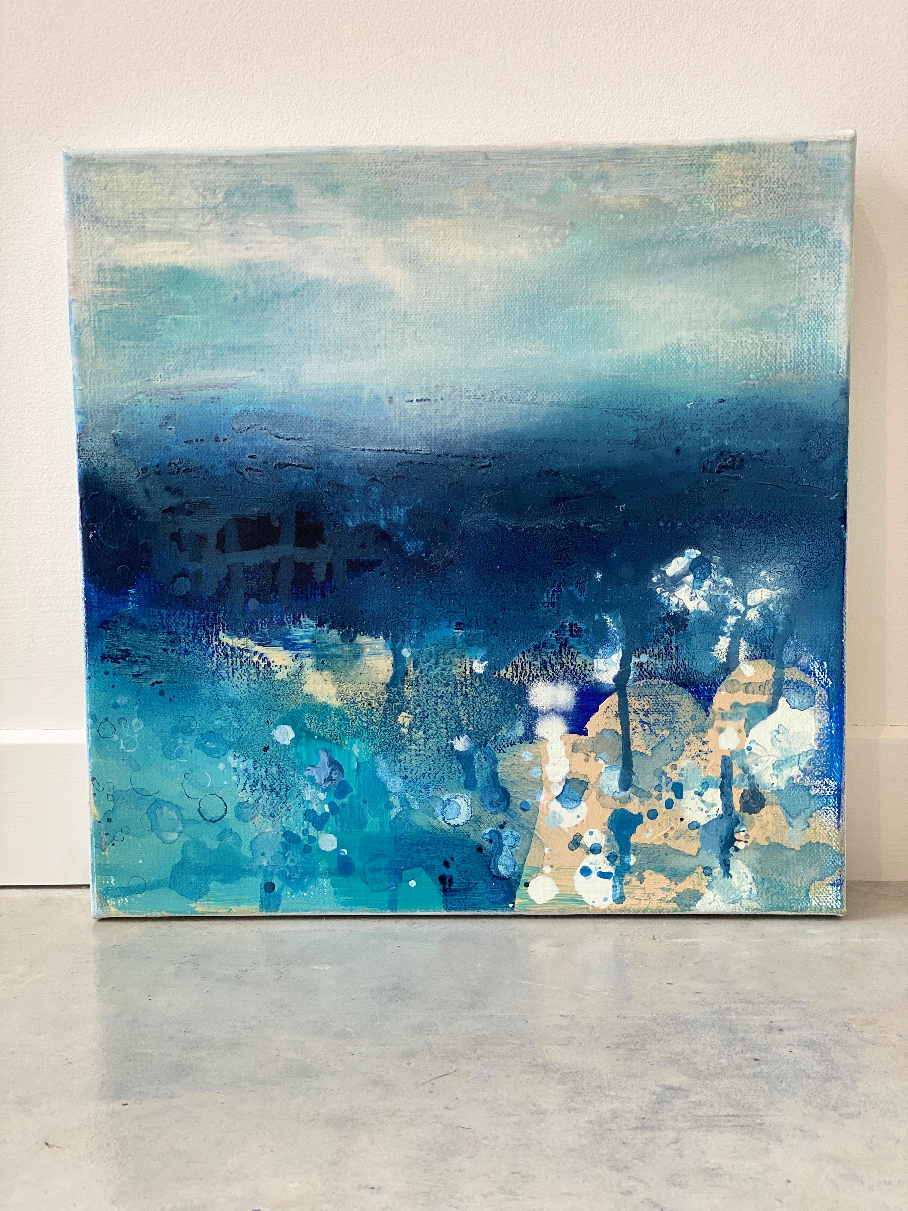 Beach no1  small abstract ocean expressionism blue sea sand water aqua painting - Painting by Kathleen Rhee