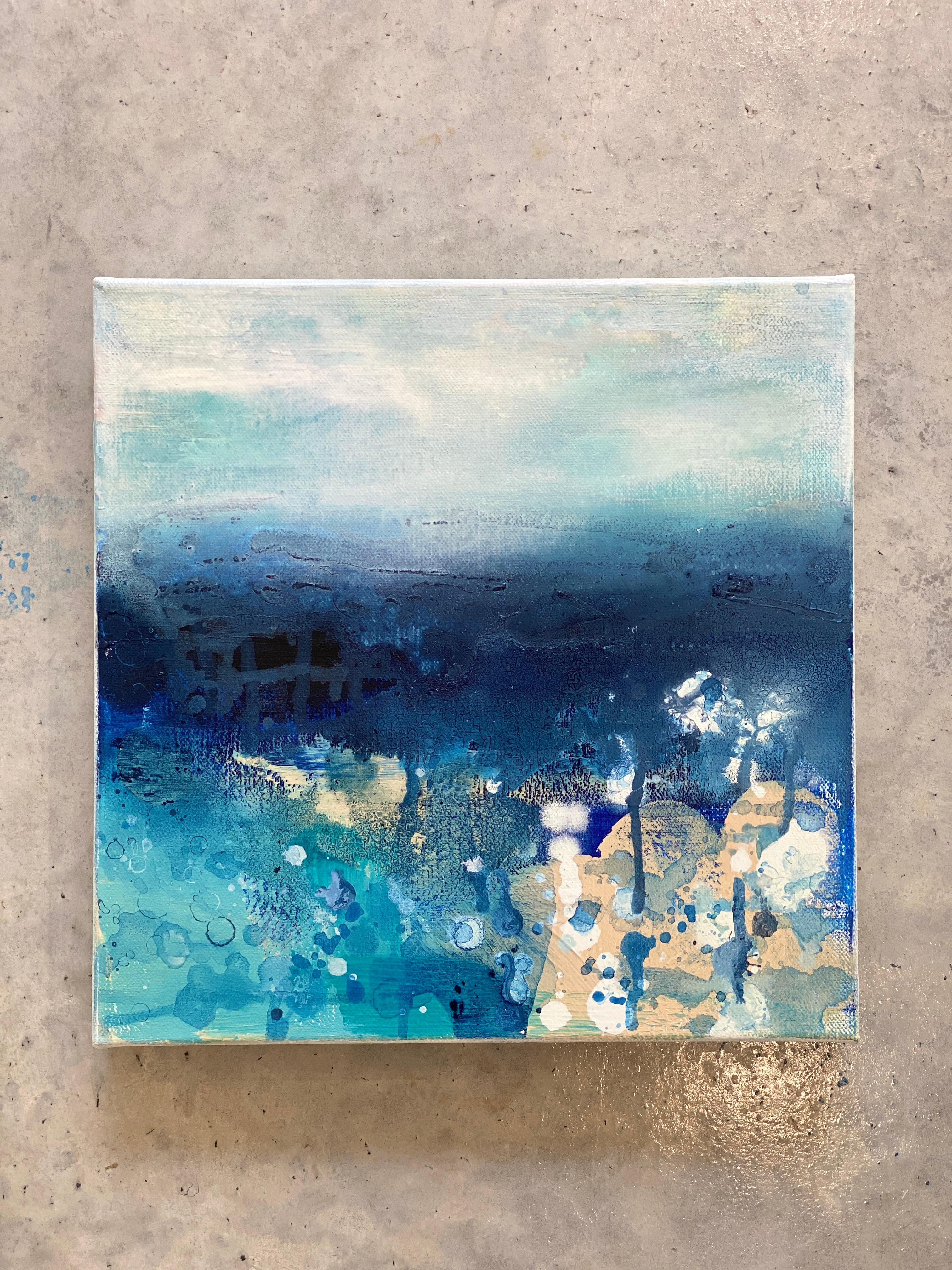 Plage no1  Petite peinture abstraite expressionniste océanique - Aquarelle - Bleu sable de mer en vente 2