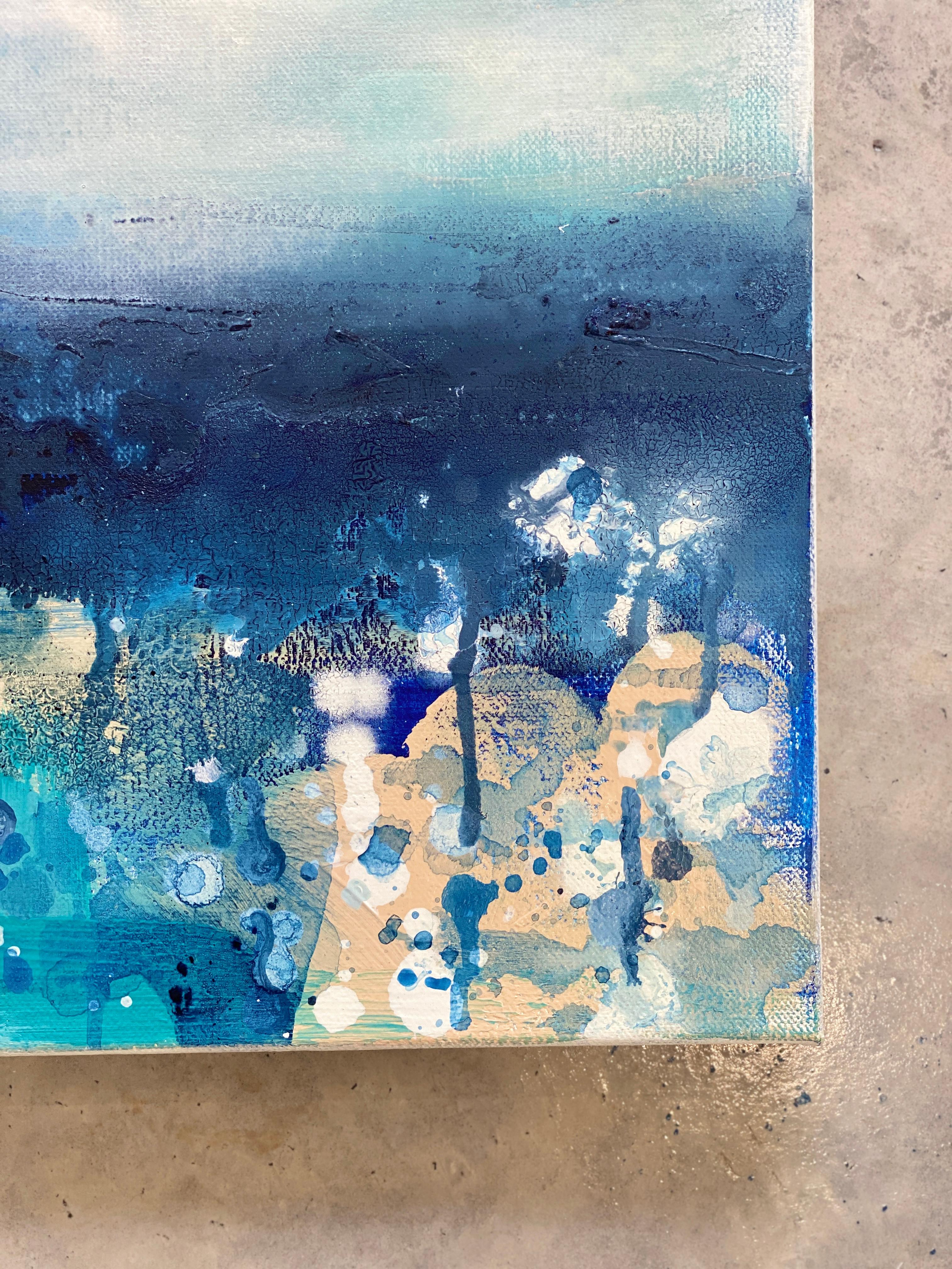 Beach no1  small abstract ocean expressionism blue sea sand water aqua painting For Sale 1