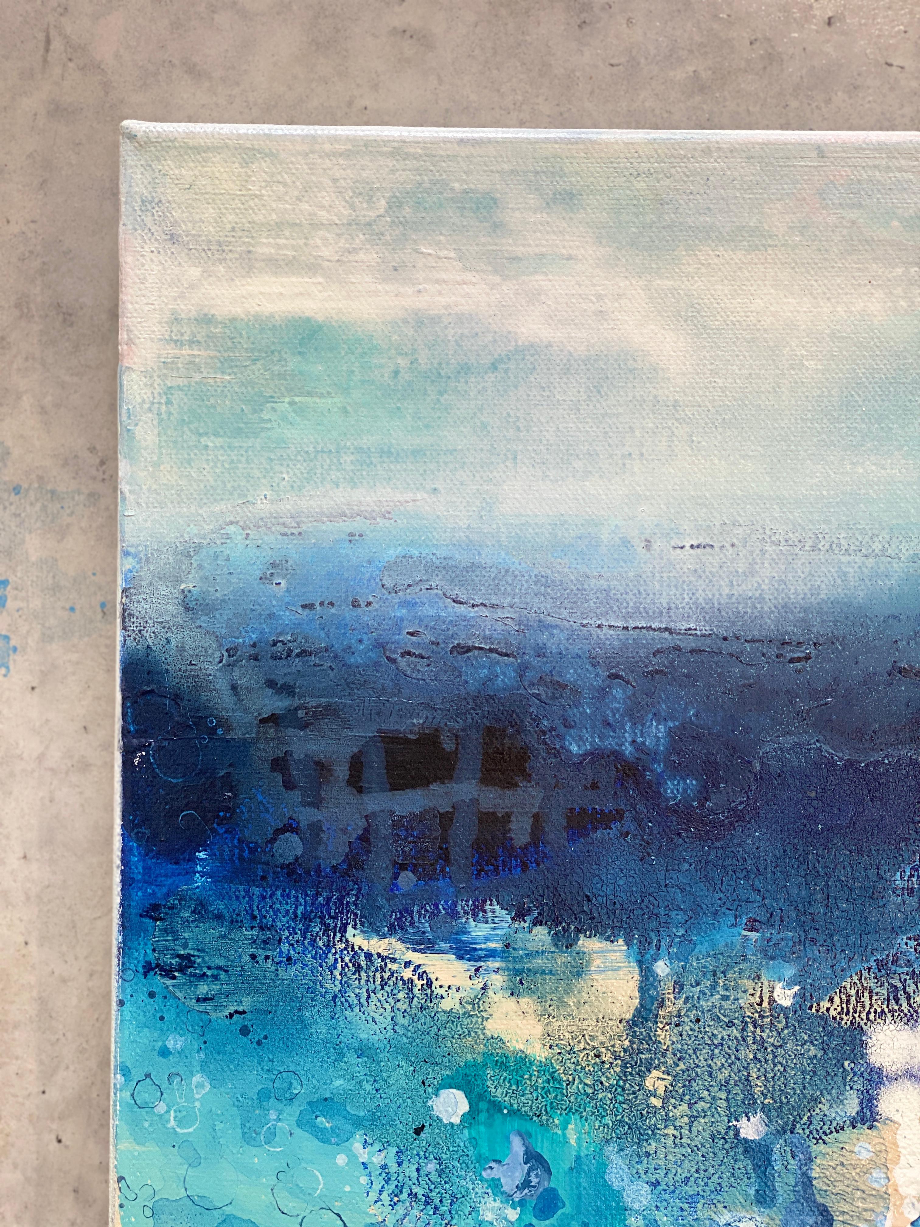 Plage no1  Petite peinture abstraite expressionniste océanique - Aquarelle - Bleu sable de mer en vente 4
