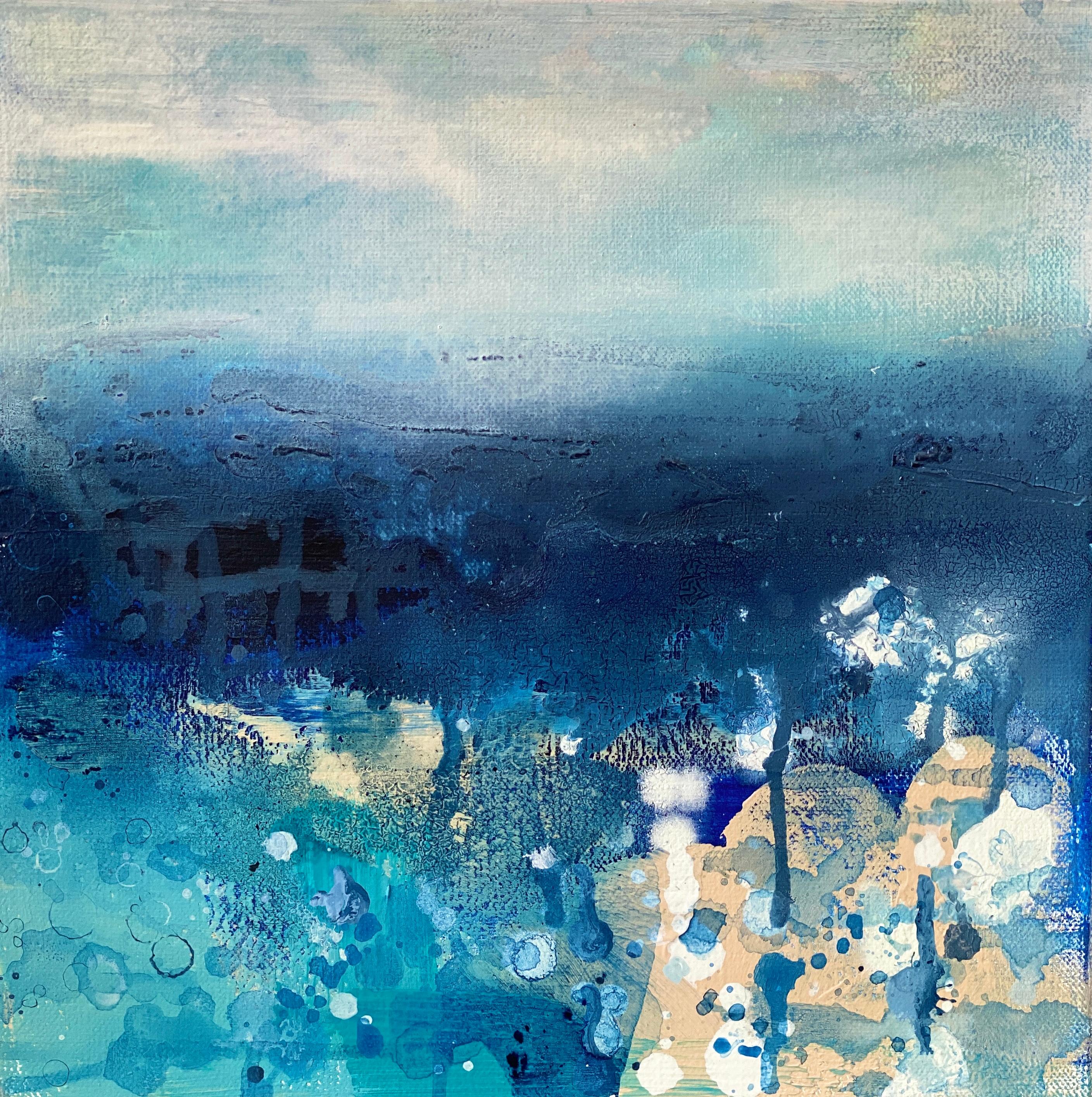 Landscape Painting Kathleen Rhee - Plage no1  Petite peinture abstraite expressionniste océanique - Aquarelle - Bleu sable de mer