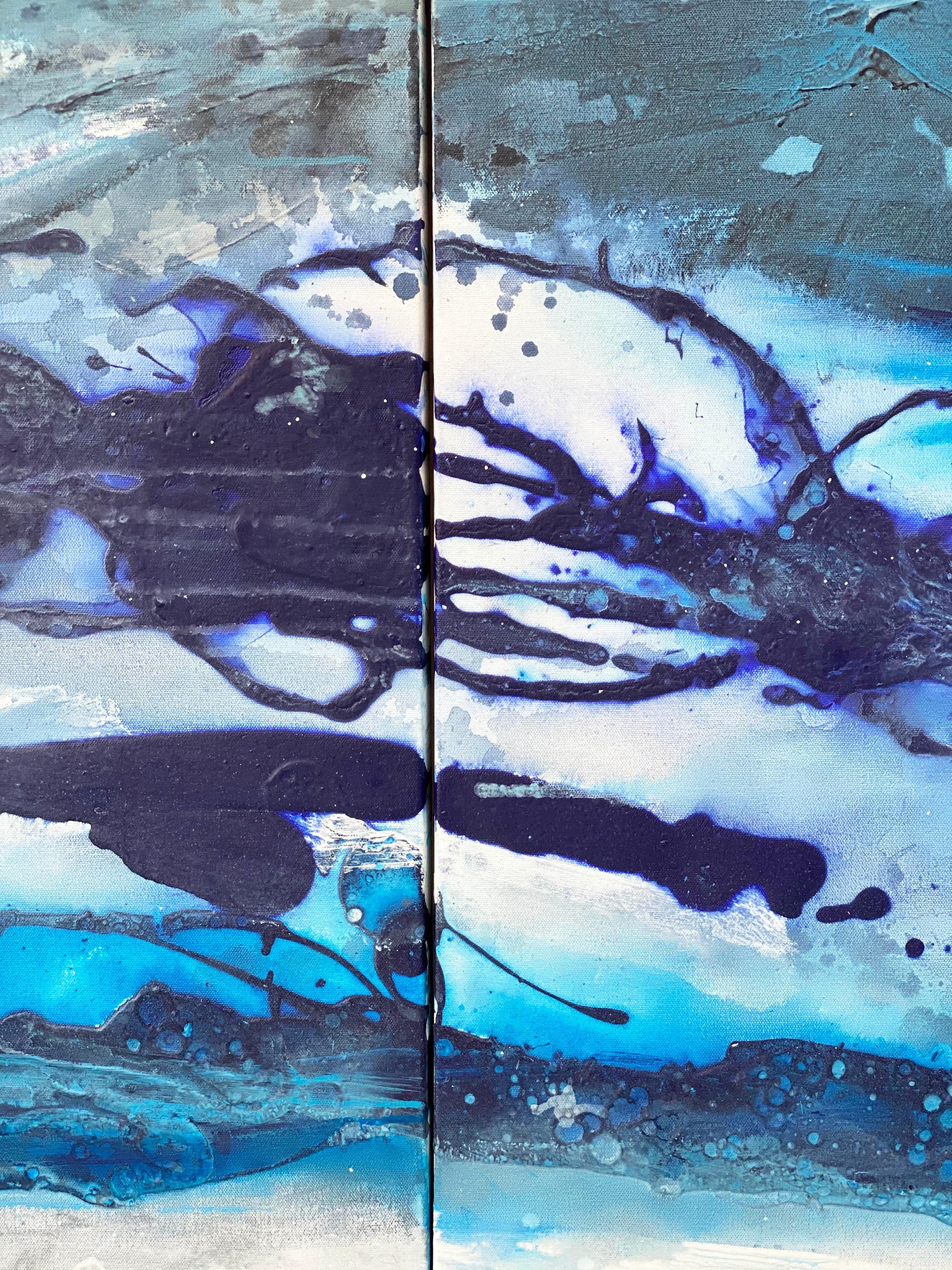 Mur d'arrêt  Peinture expressionniste abstraite à double panneau bleu cobalt à grande échelle 5