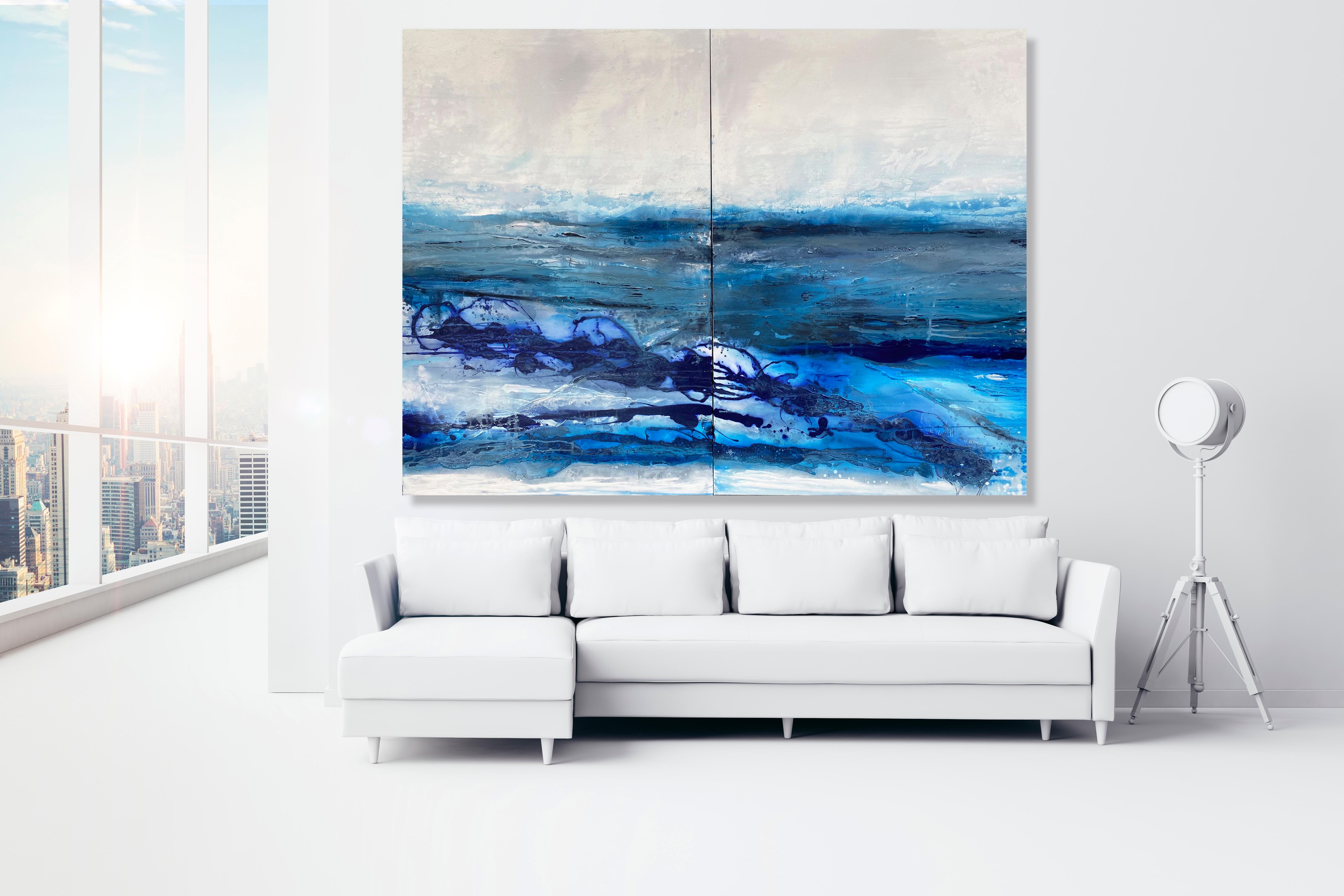 Breakwall  large scale double panel abstract expressionist painting blue cobalt - Painting by Kathleen Rhee