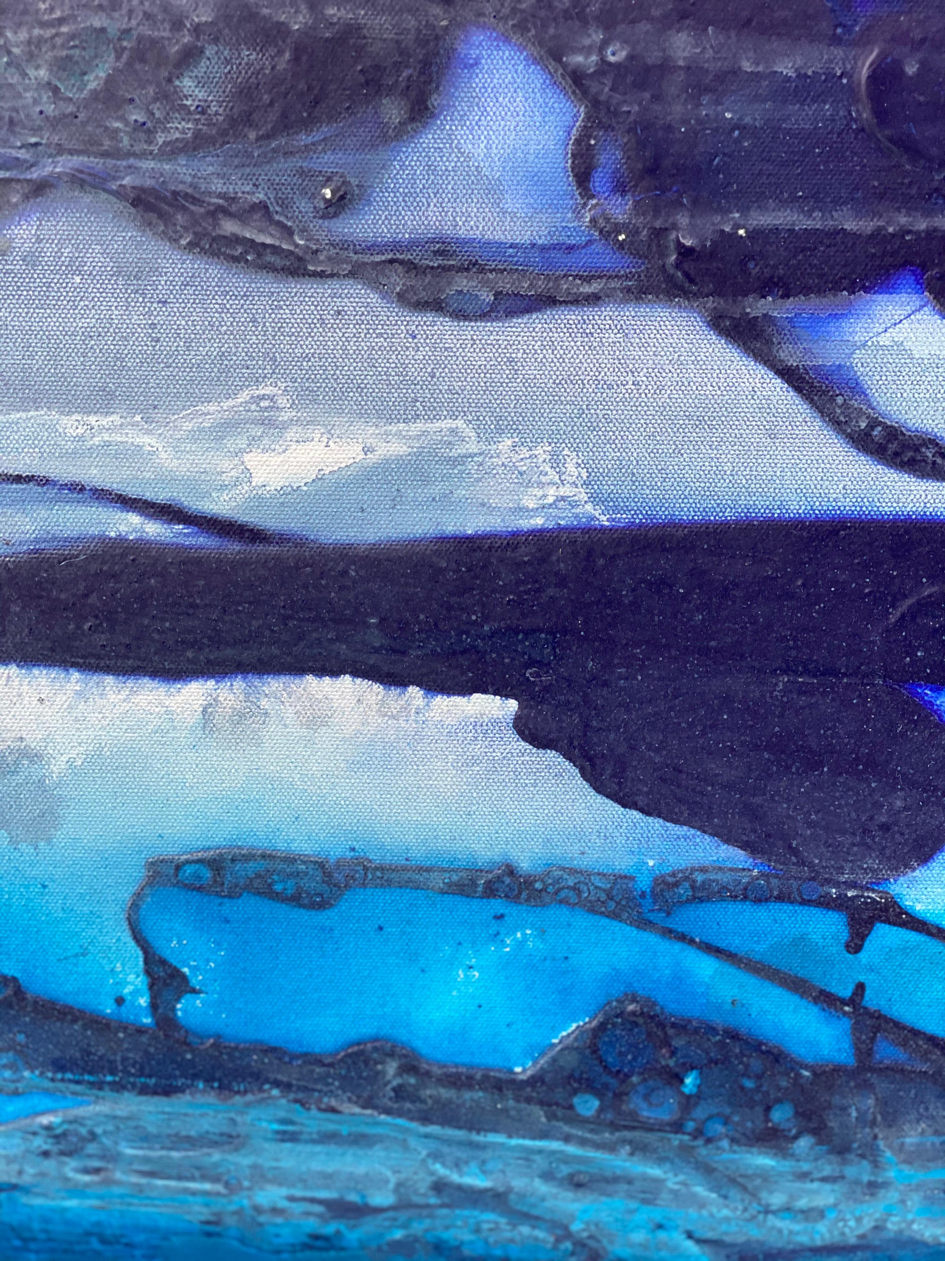 Mur d'arrêt  Peinture expressionniste abstraite à double panneau bleu cobalt à grande échelle 15