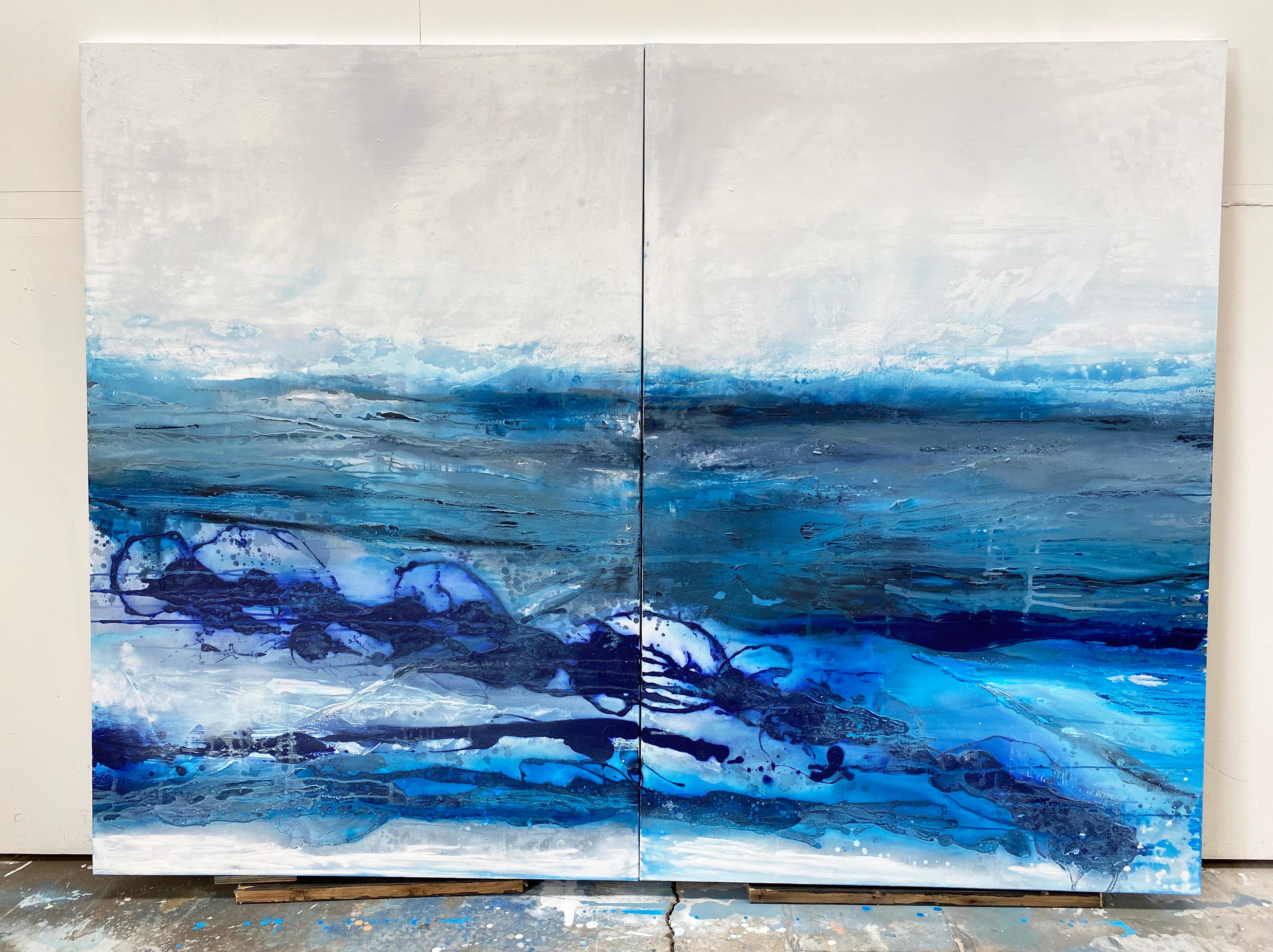 Mur d'arrêt  Peinture expressionniste abstraite à double panneau bleu cobalt à grande échelle - Expressionnisme abstrait Painting par Kathleen Rhee