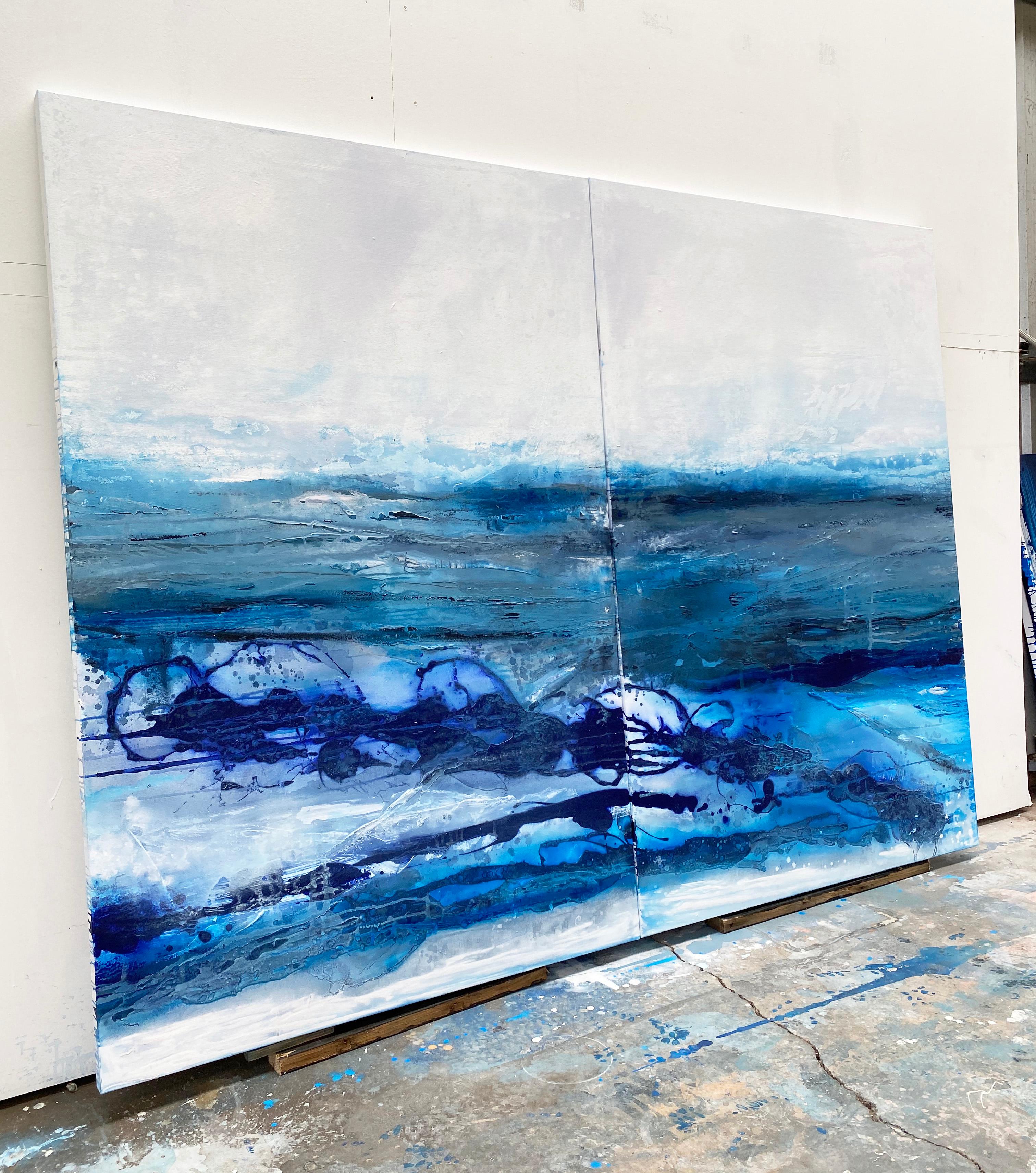 Mur d'arrêt  Peinture expressionniste abstraite à double panneau bleu cobalt à grande échelle - Bleu Abstract Painting par Kathleen Rhee