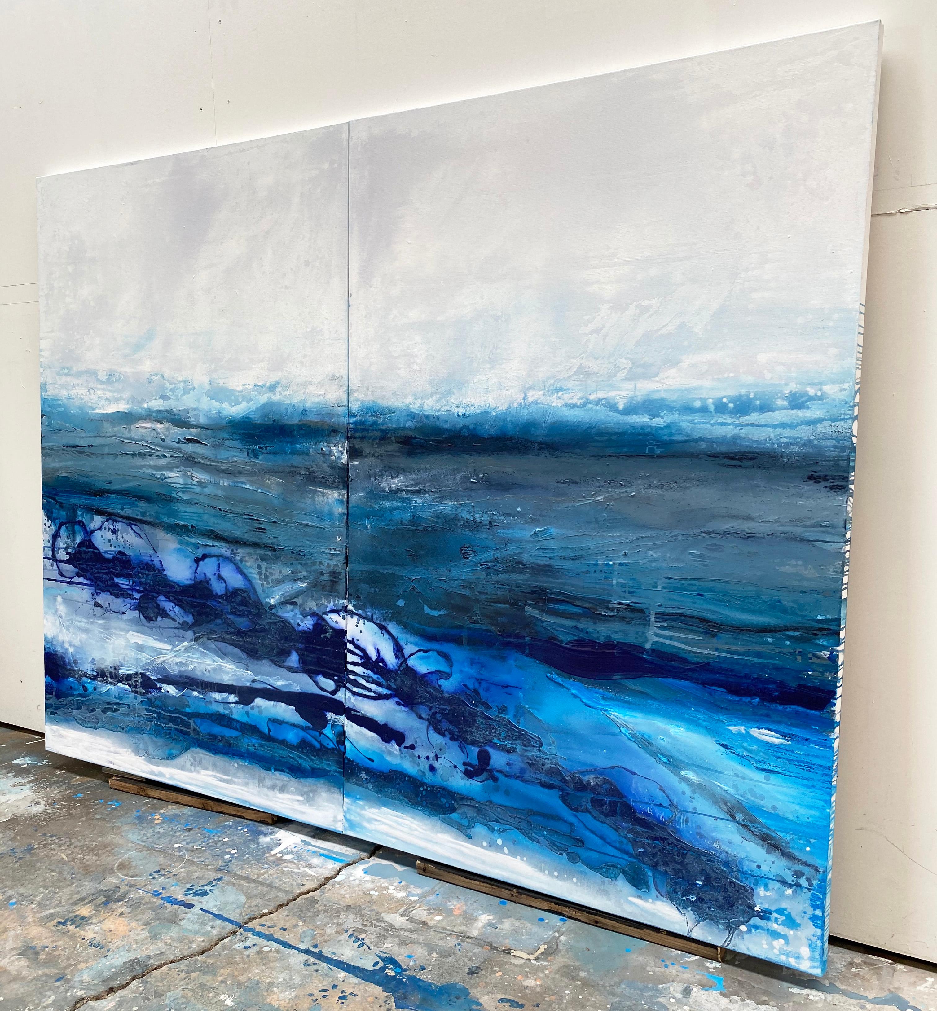 Mur d'arrêt  Peinture expressionniste abstraite à double panneau bleu cobalt à grande échelle 2