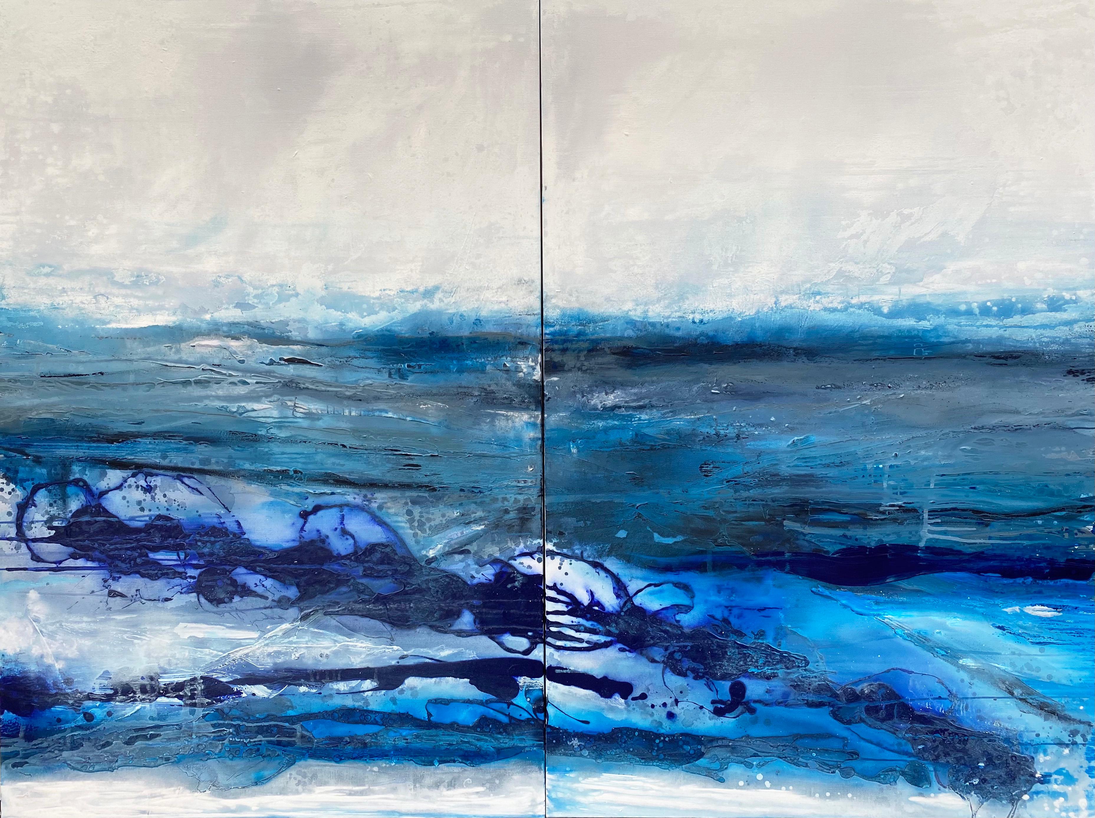 Abstract Painting Kathleen Rhee - Mur d'arrêt  Peinture expressionniste abstraite à double panneau bleu cobalt à grande échelle