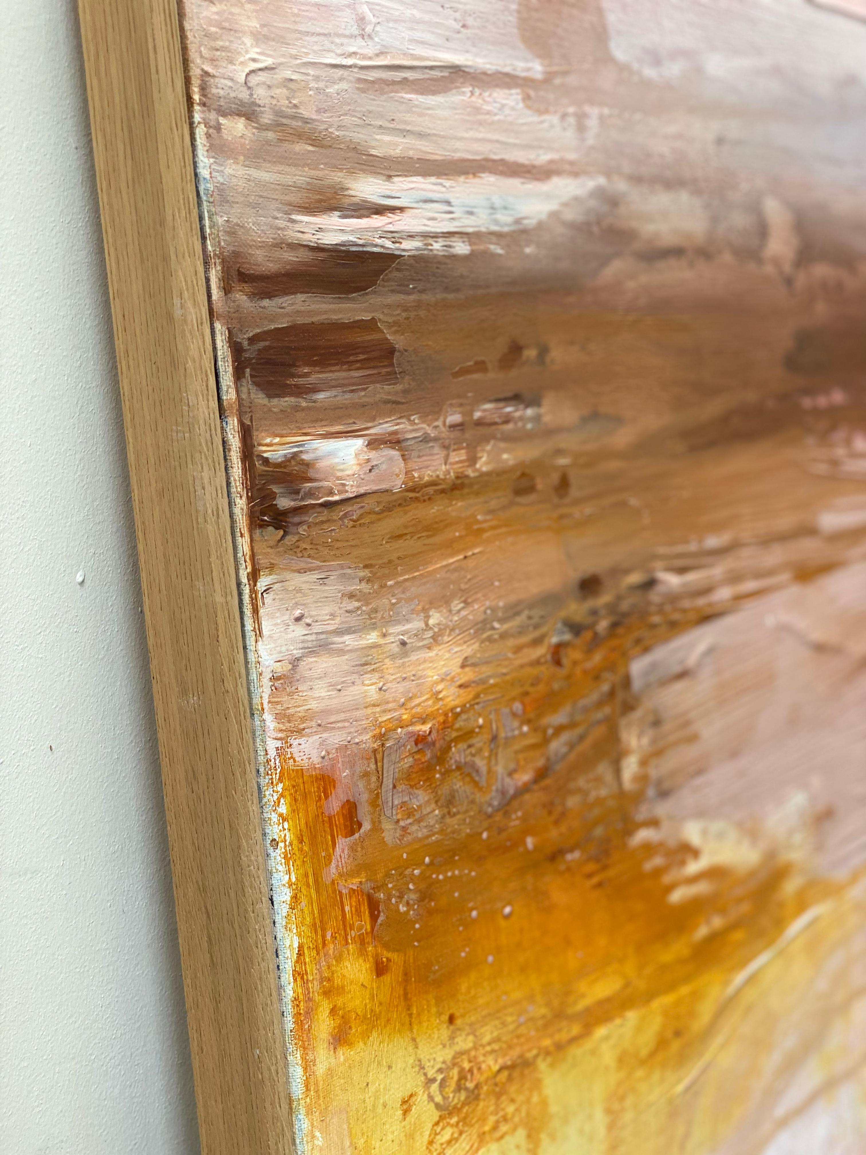 In true bold abstract expressionist style this piece is inspired by the unique Australian landscape. Painted in rich earth tones, sunset sky pinks and vibrant Australian sienna this work is heavily layered with descriptive textures. High in energy