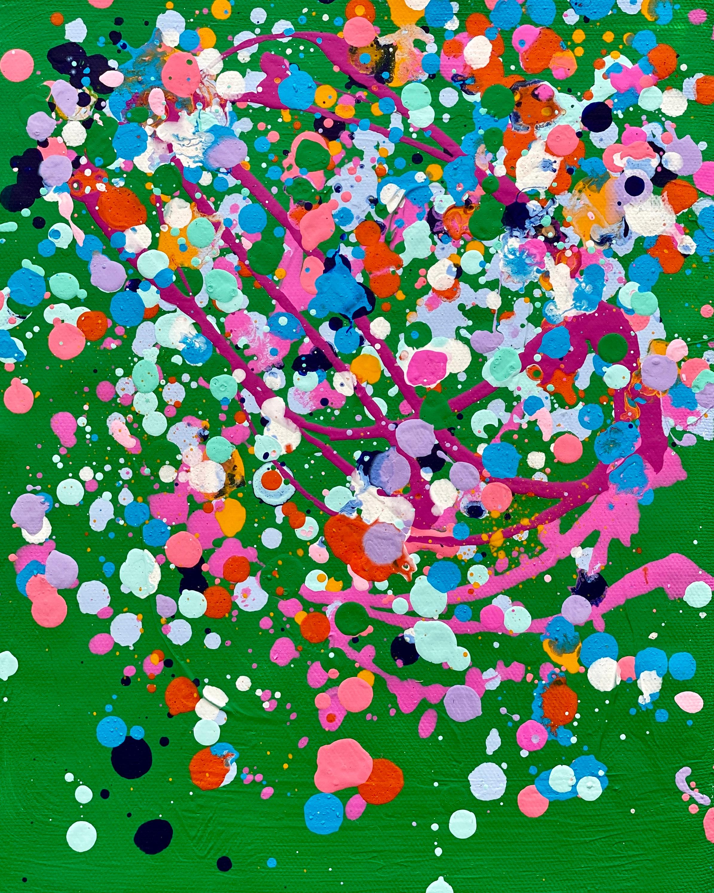 Kathleen Rhee Abstract Painting - Colorful spatter no1 drip abstract expressionist Jackson Pollock rainbow, green