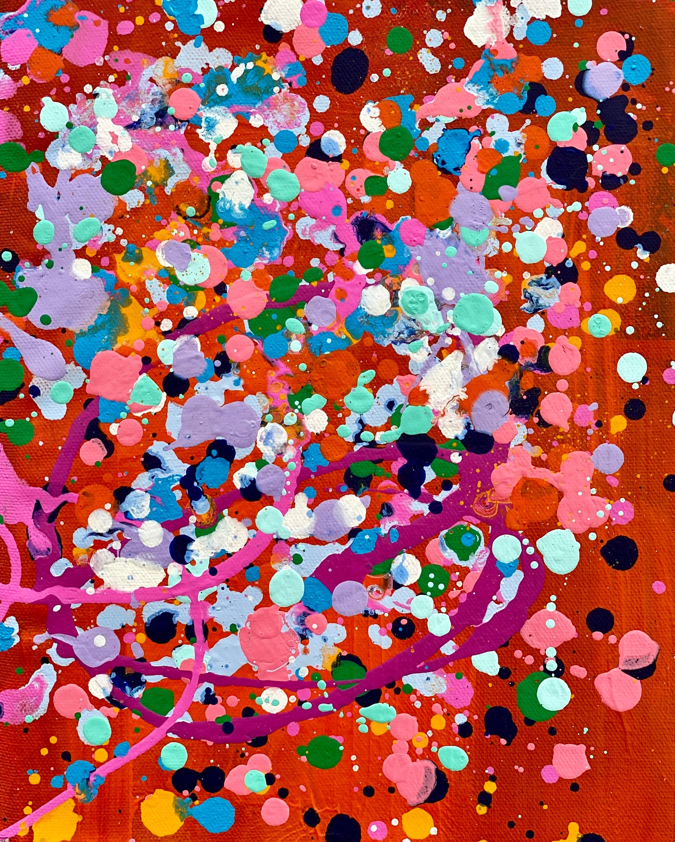 Kathleen Rhee Abstract Painting - Colorful spatter no6 drip abstract expressionist Jackson Pollock pink orange