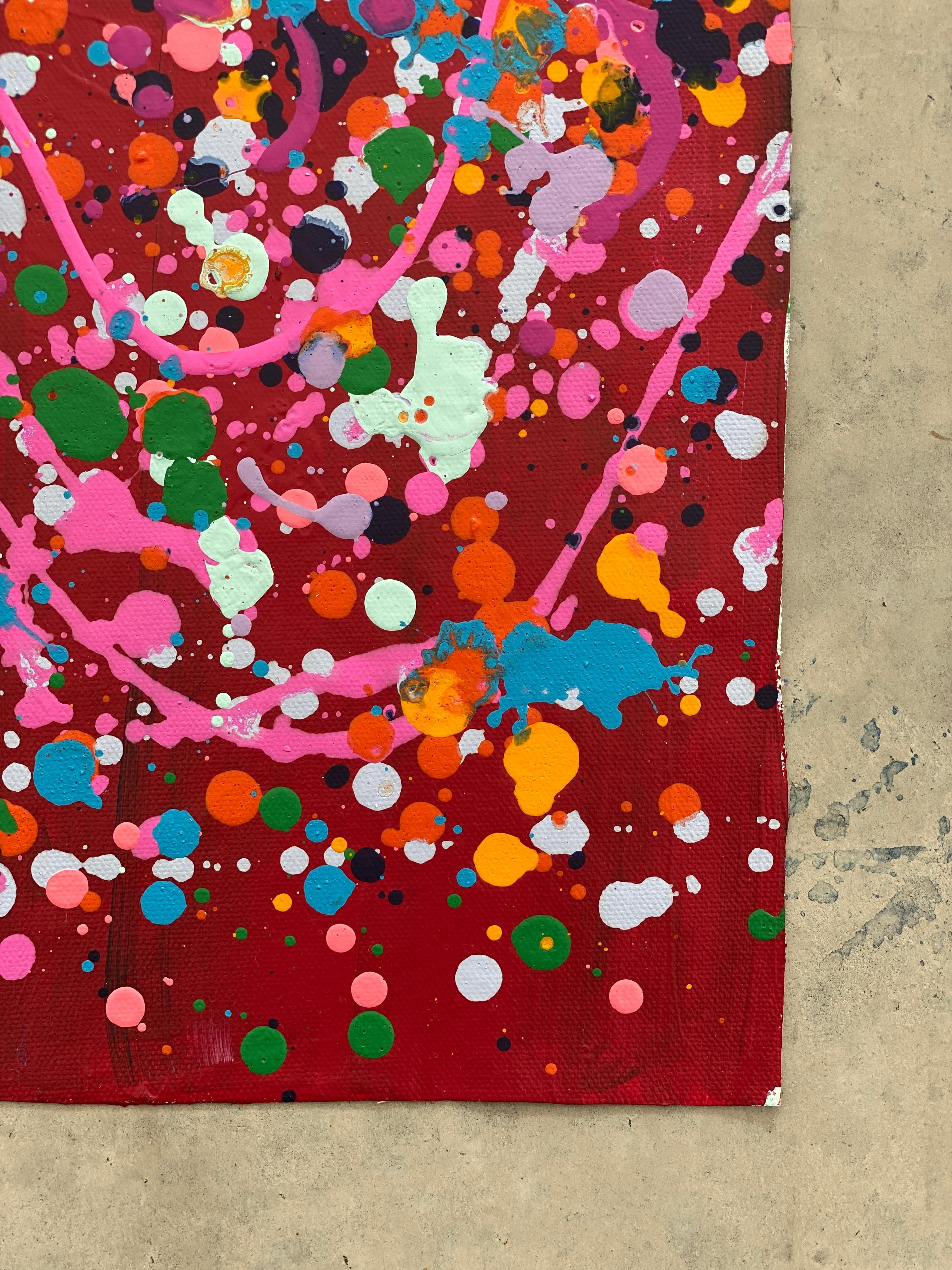 Colorful spatter no8 drip abstract expressionist Jackson Pollock red pink green - Abstract Painting by Kathleen Rhee