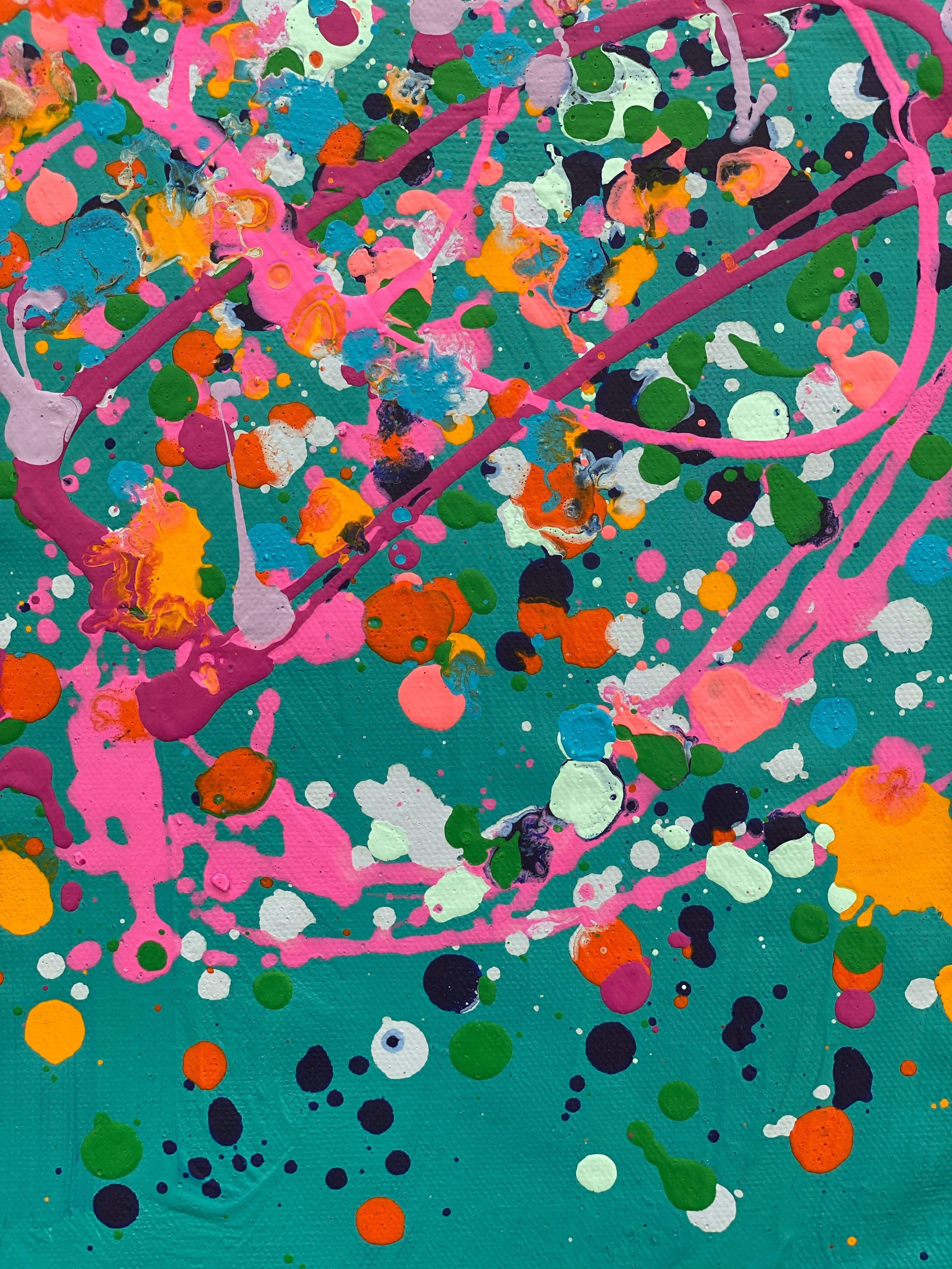 Colorful spatter no9 drip abstract expressionist Jackson Pollock red pink green For Sale 1