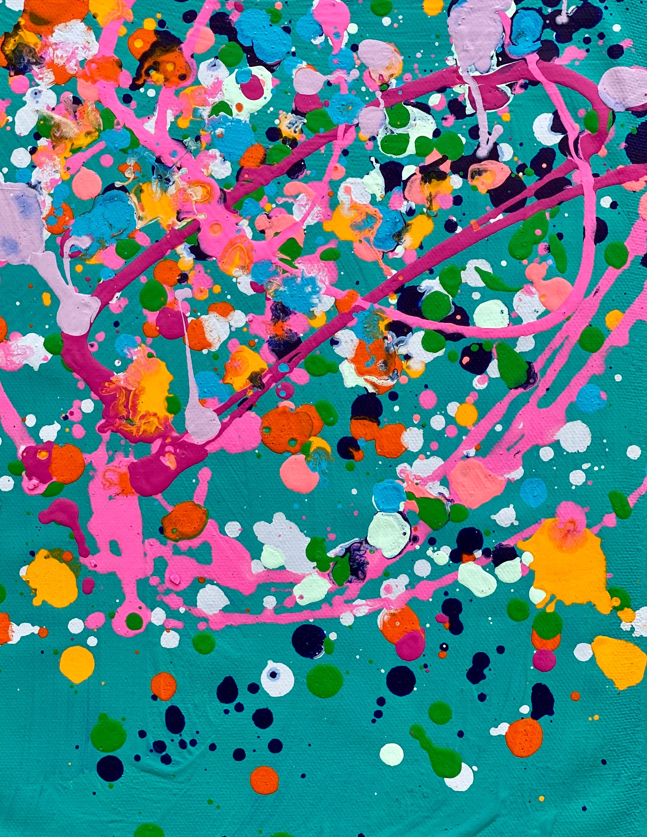 Kathleen Rhee Abstract Painting - Colorful spatter no9 drip abstract expressionist Jackson Pollock red pink green