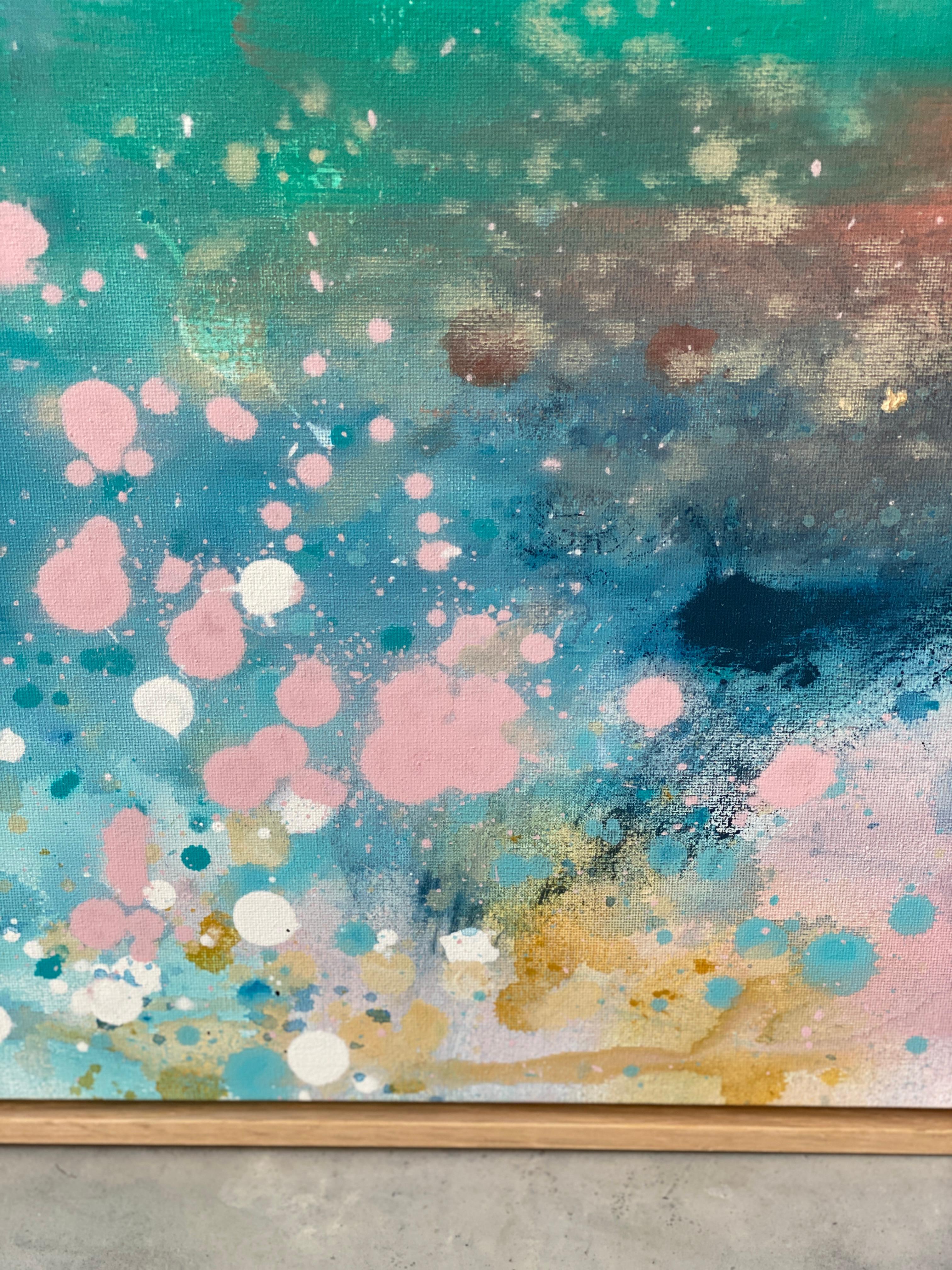Grande peinture expressionniste abstraite colorée encadrée de nuages de ciel bleu arc-en-ciel  en vente 13