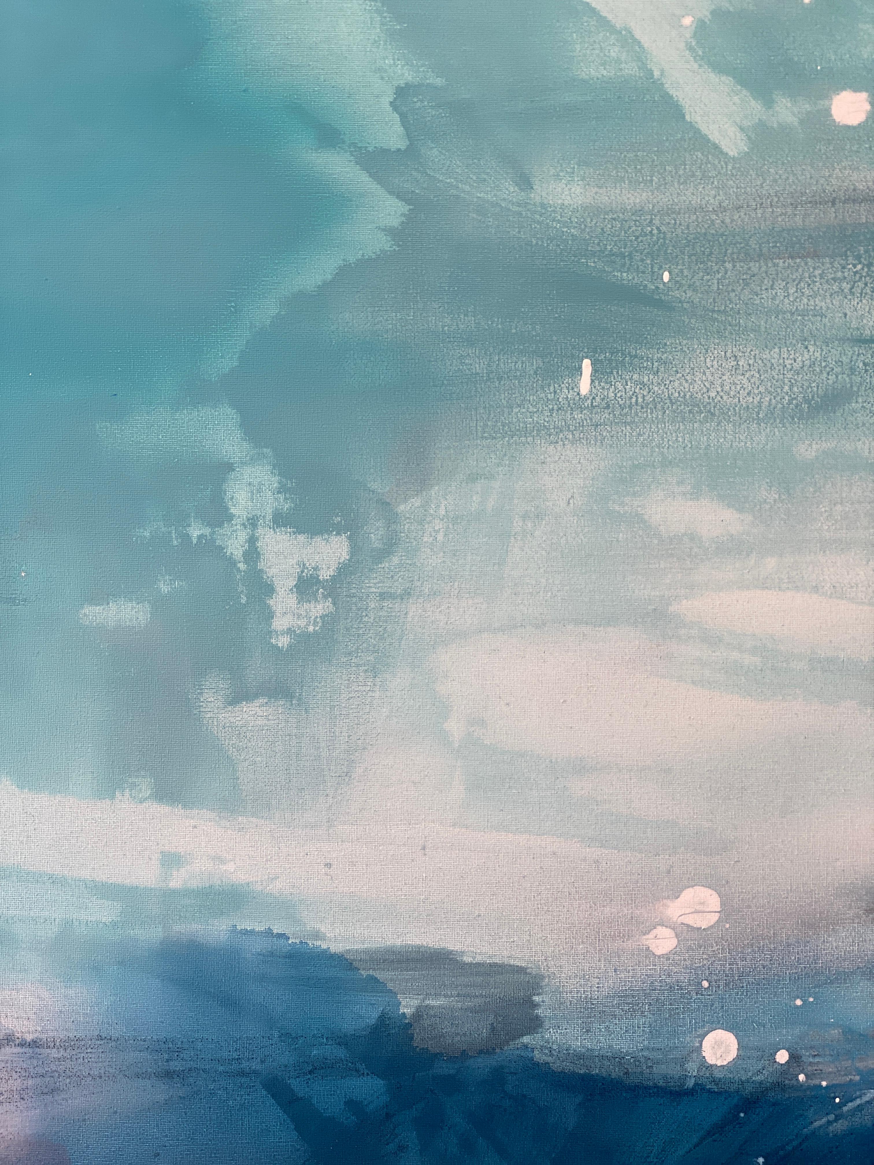 Grande peinture expressionniste abstraite colorée encadrée de nuages de ciel bleu arc-en-ciel  en vente 5