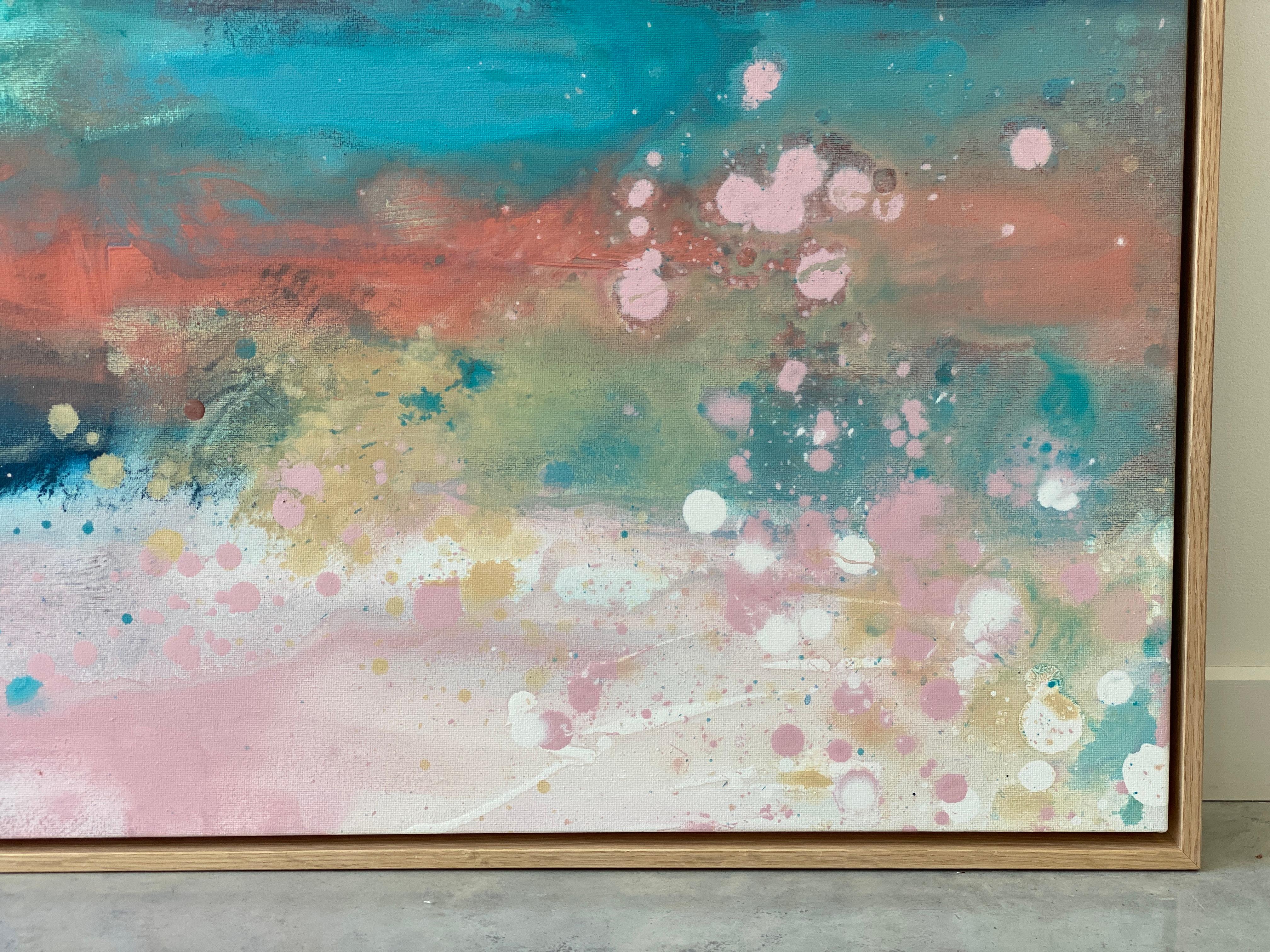 Grande peinture expressionniste abstraite colorée encadrée de nuages de ciel bleu arc-en-ciel  en vente 6