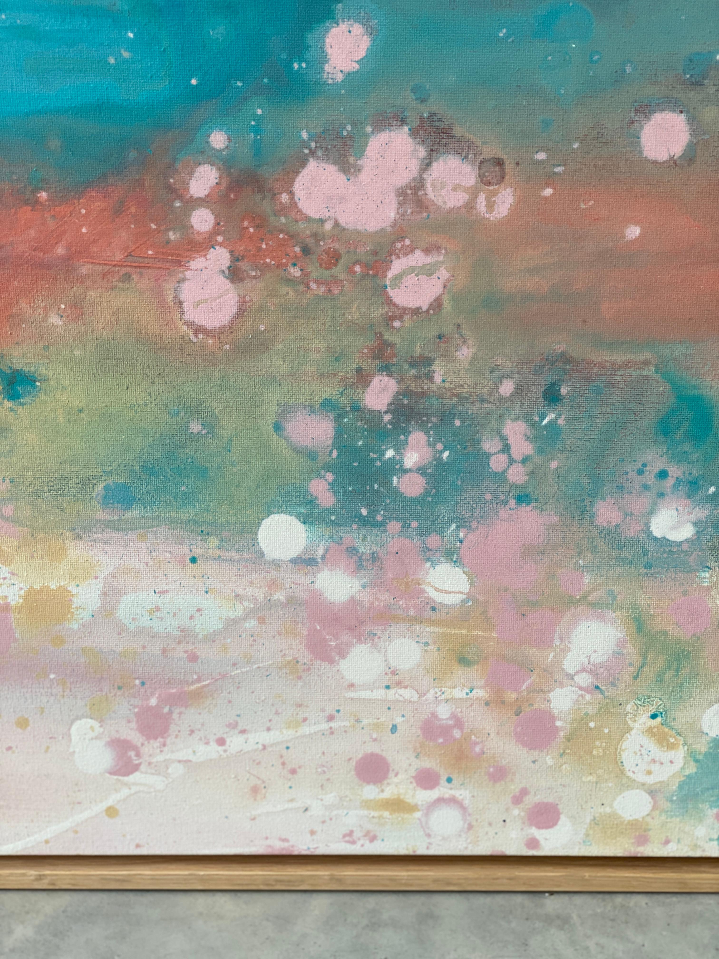 Grande peinture expressionniste abstraite colorée encadrée de nuages de ciel bleu arc-en-ciel  en vente 14