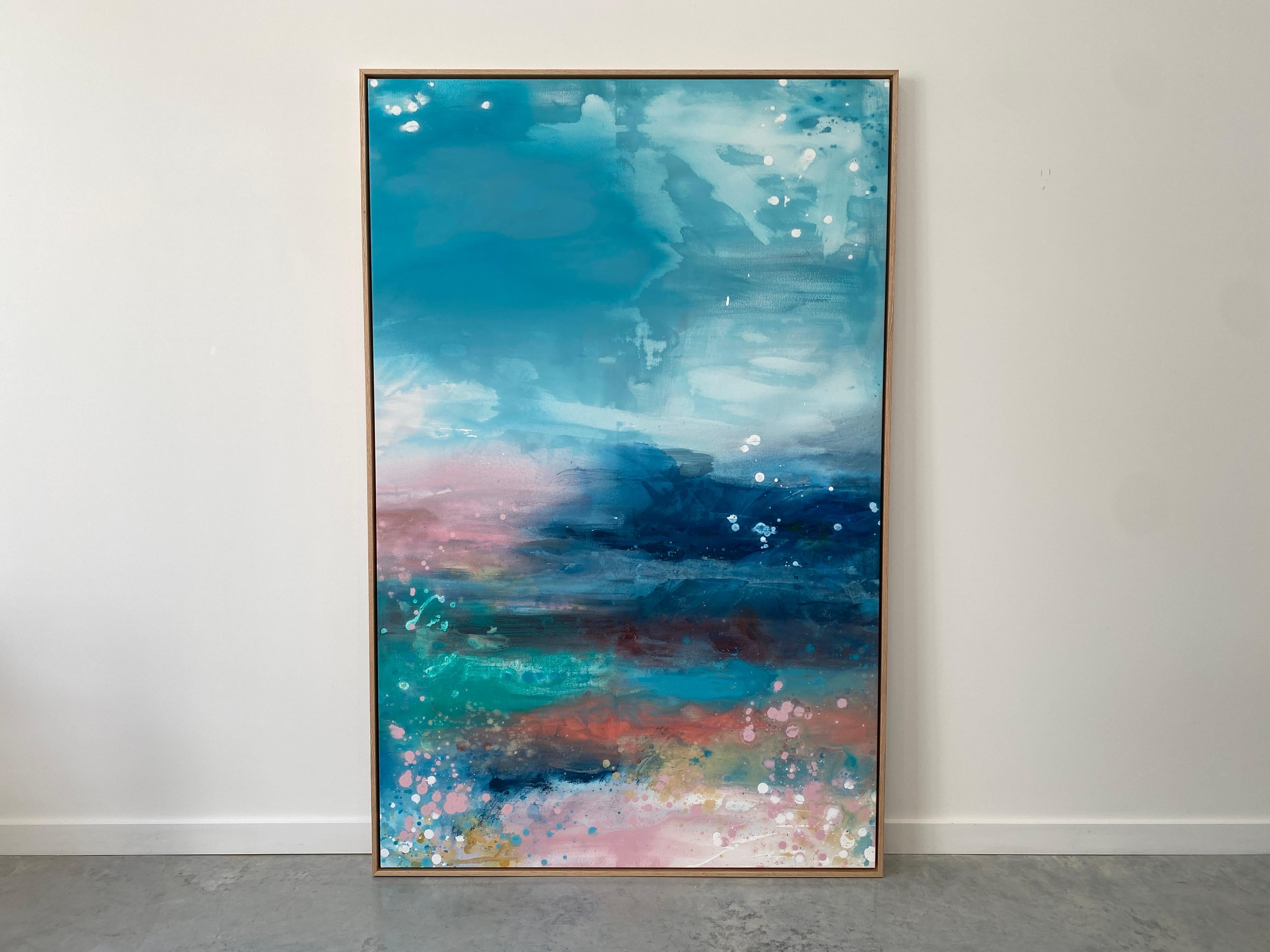 Large colourful abstract expressionist painting framed rainbow blue sky clouds  - Painting by Kathleen Rhee