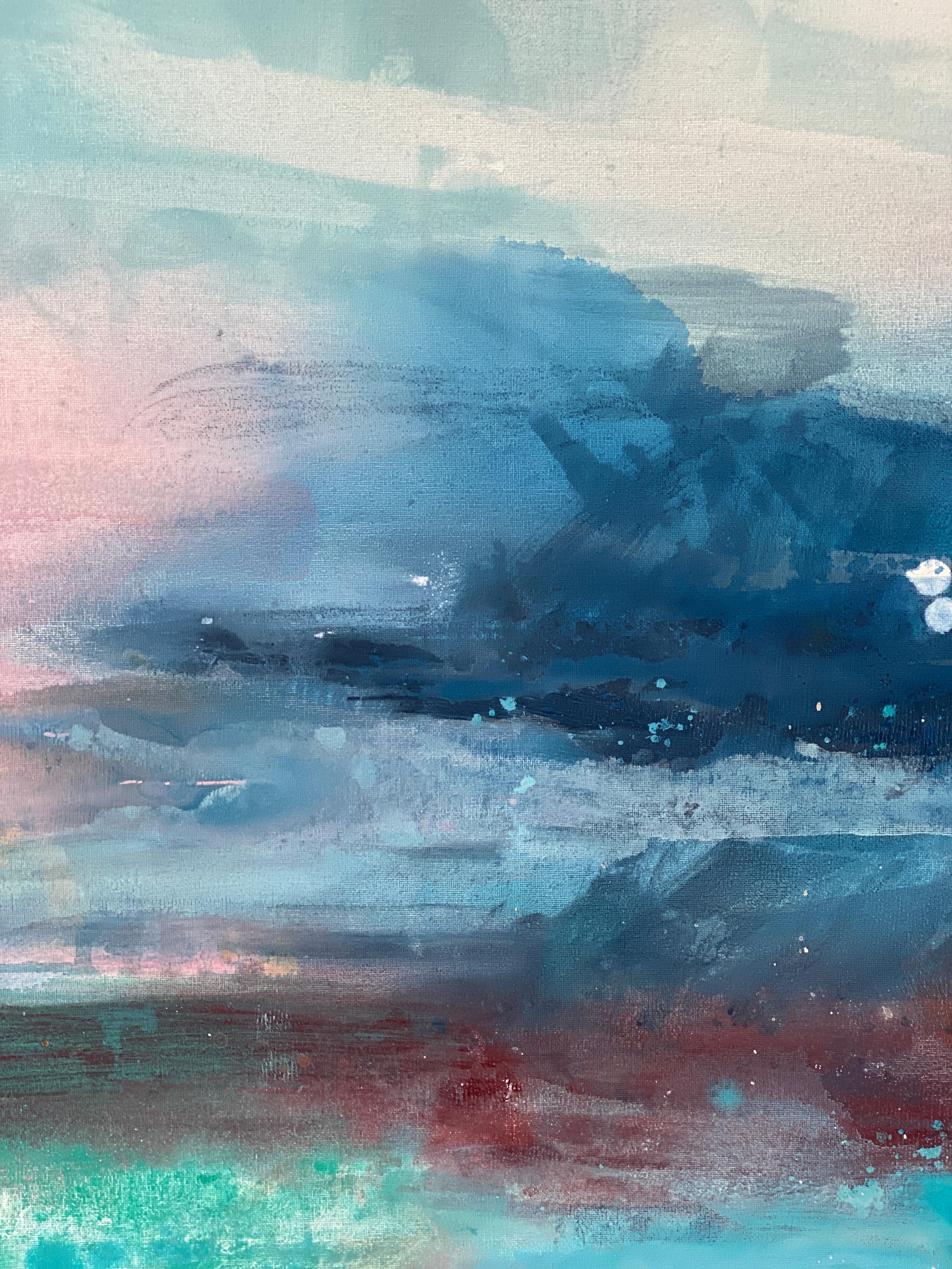 Grande peinture expressionniste abstraite colorée encadrée de nuages de ciel bleu arc-en-ciel  en vente 4